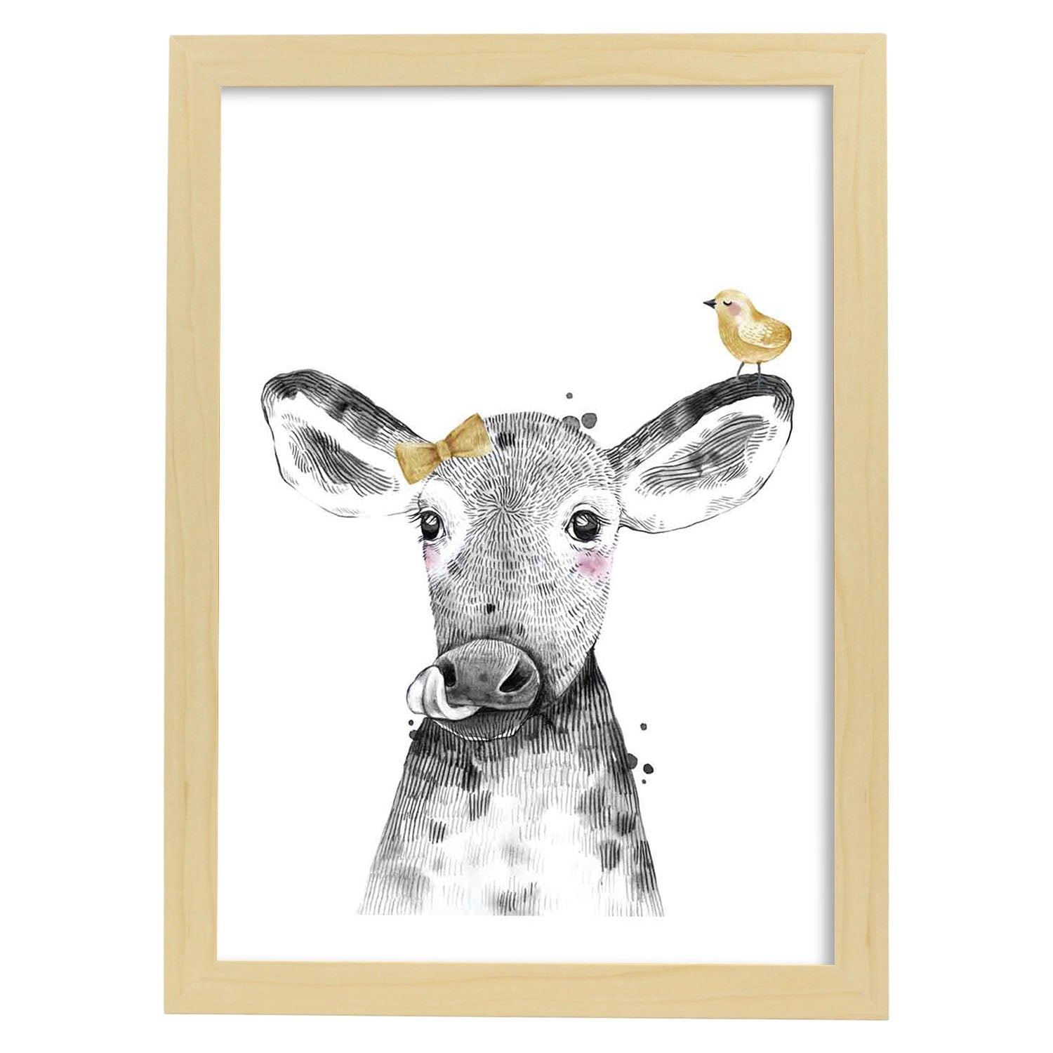 Lámina Vaca infantil con lazo y pajarito poster animales infantiles-Artwork-Nacnic-A3-Marco Madera clara-Nacnic Estudio SL