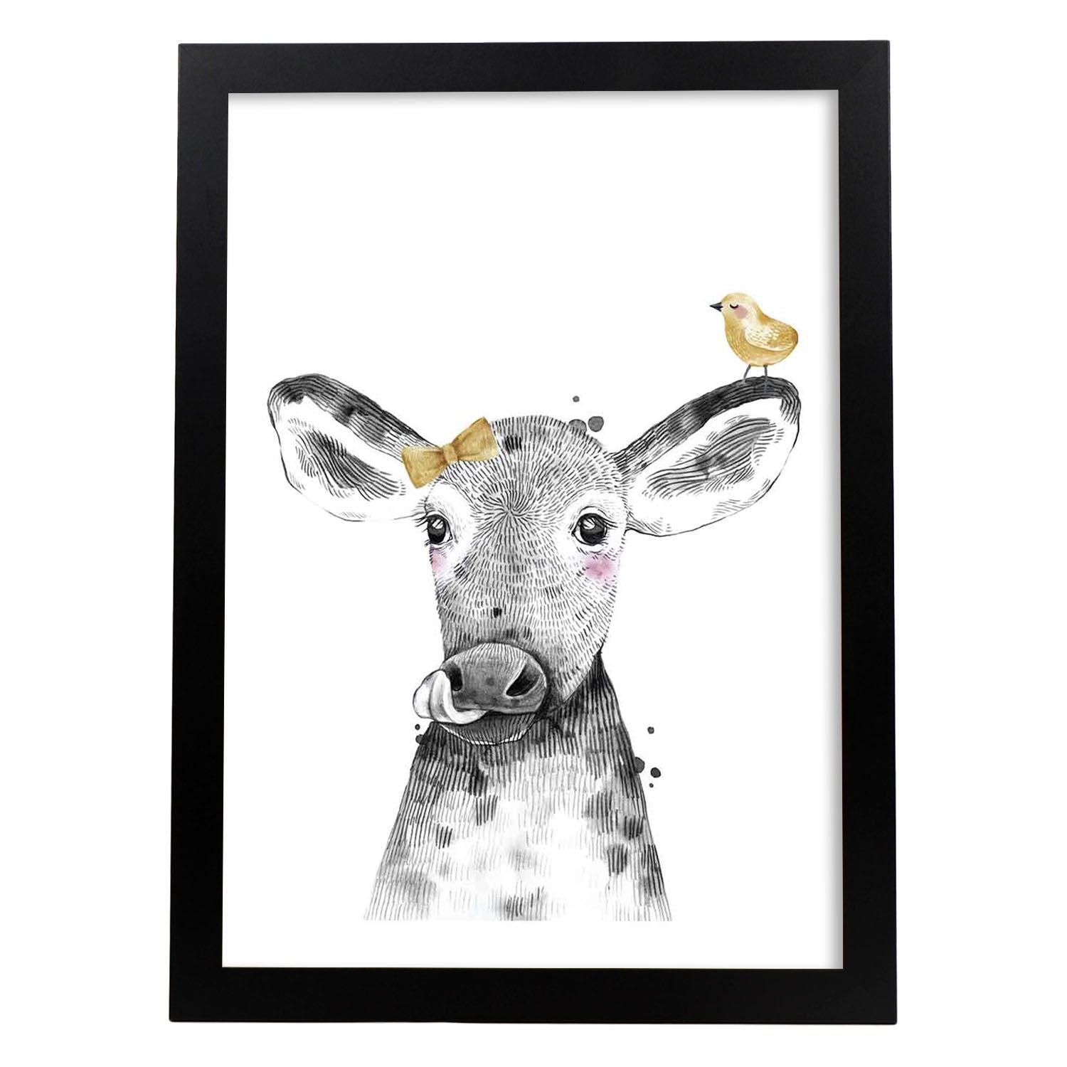Lámina Vaca infantil con lazo y pajarito poster animales infantiles-Artwork-Nacnic-A3-Marco Negro-Nacnic Estudio SL