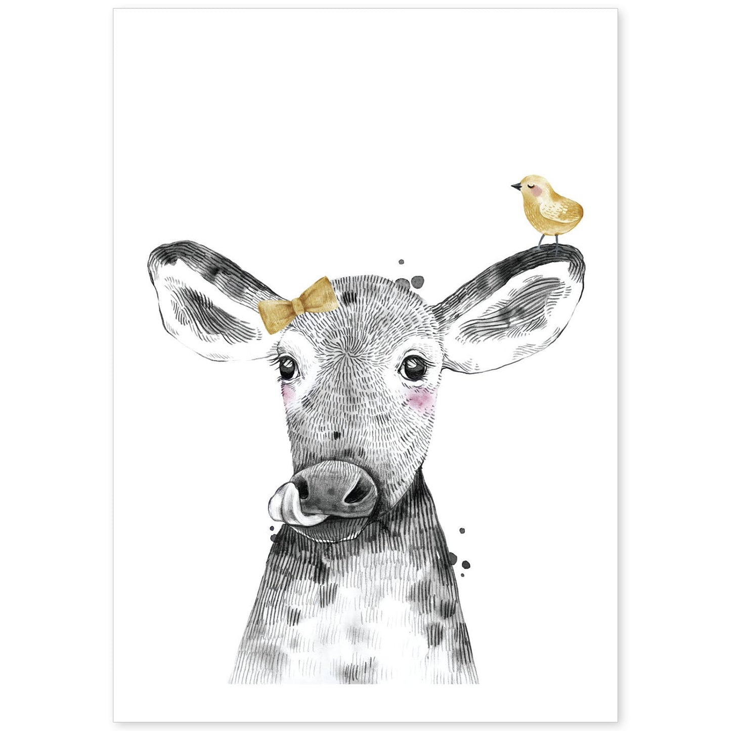 Lámina Vaca infantil con lazo y pajarito poster animales infantiles-Artwork-Nacnic-A4-Sin marco-Nacnic Estudio SL