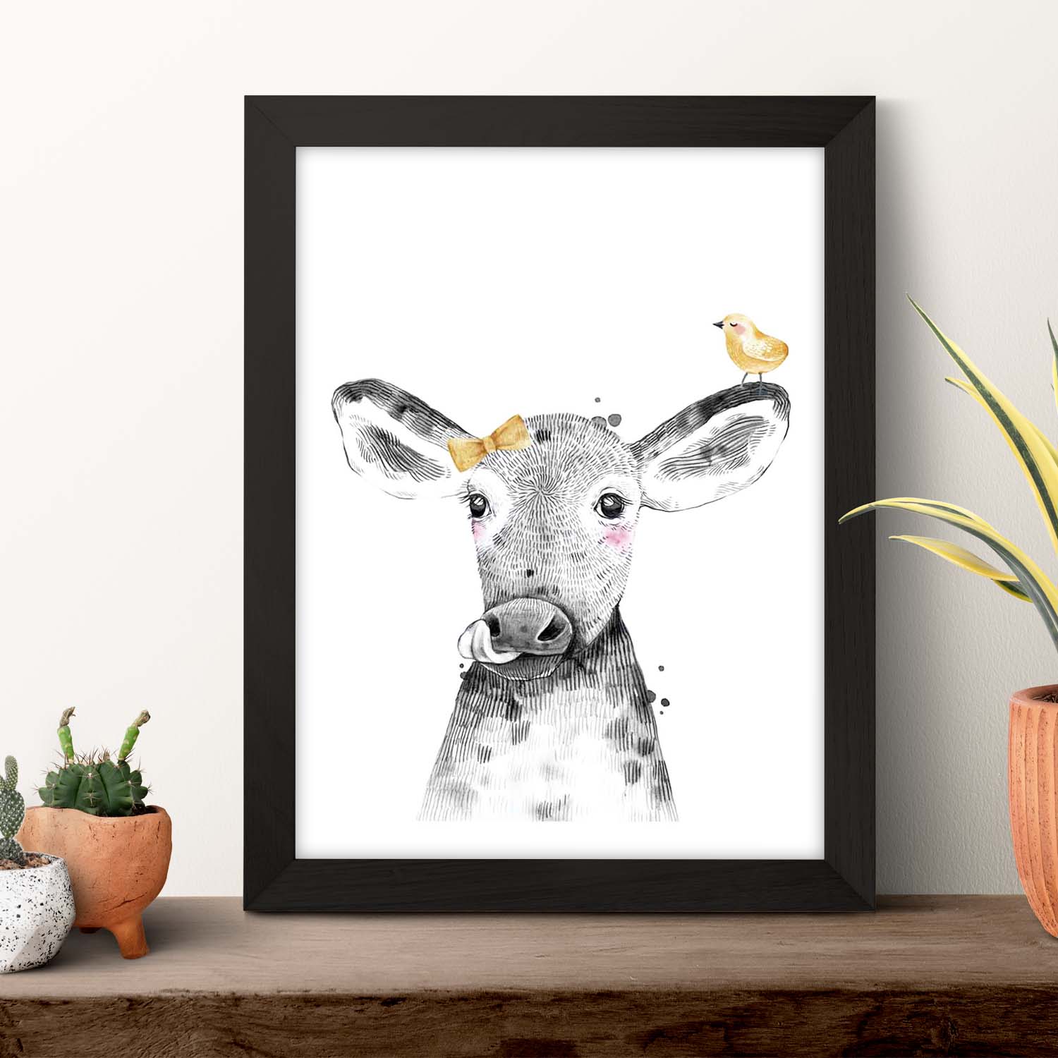 Lámina Vaca infantil con lazo y pajarito poster animales infantiles-Artwork-Nacnic-Nacnic Estudio SL