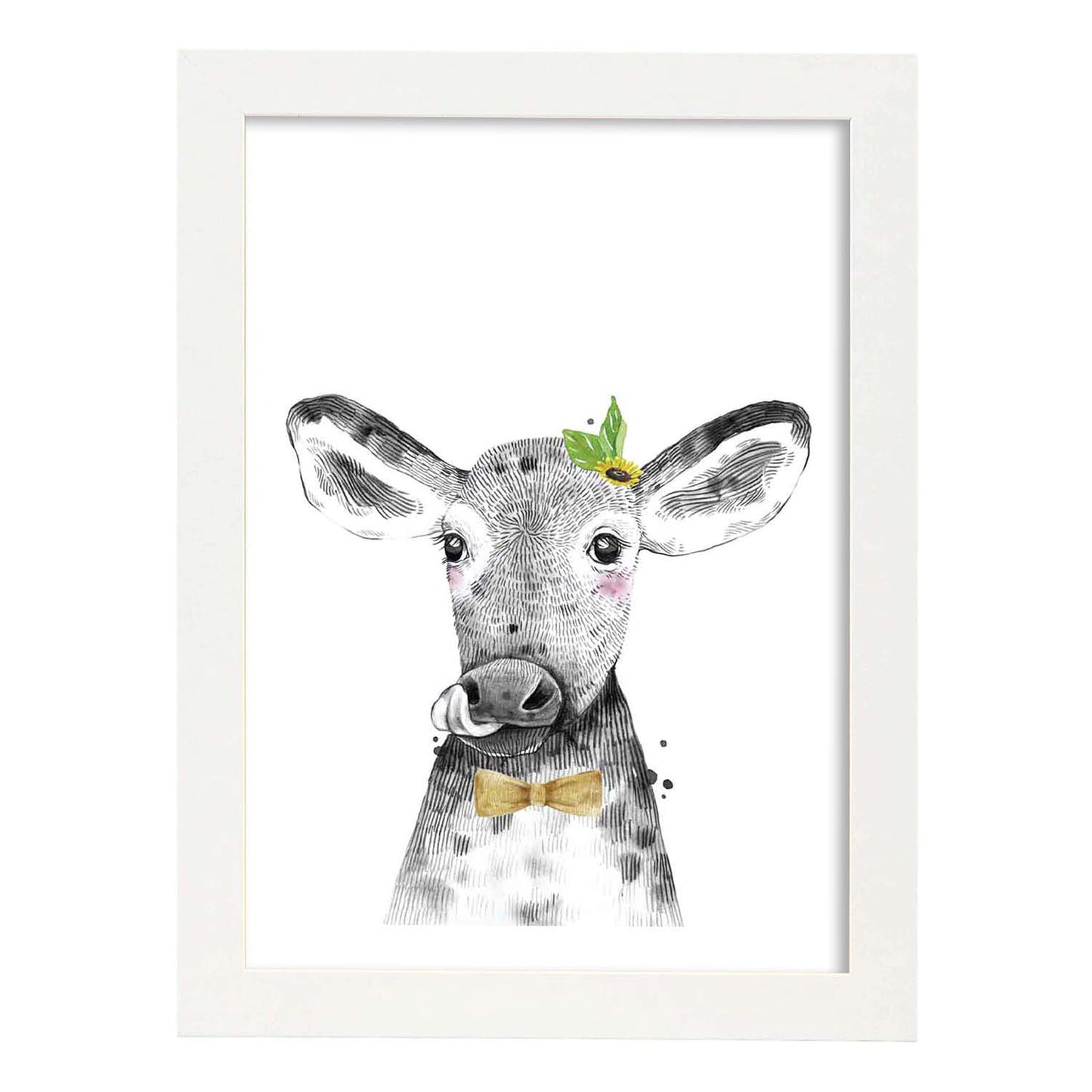 Lámina Vaca infantil con pajarita poster animales infantiles-Artwork-Nacnic-A3-Marco Blanco-Nacnic Estudio SL