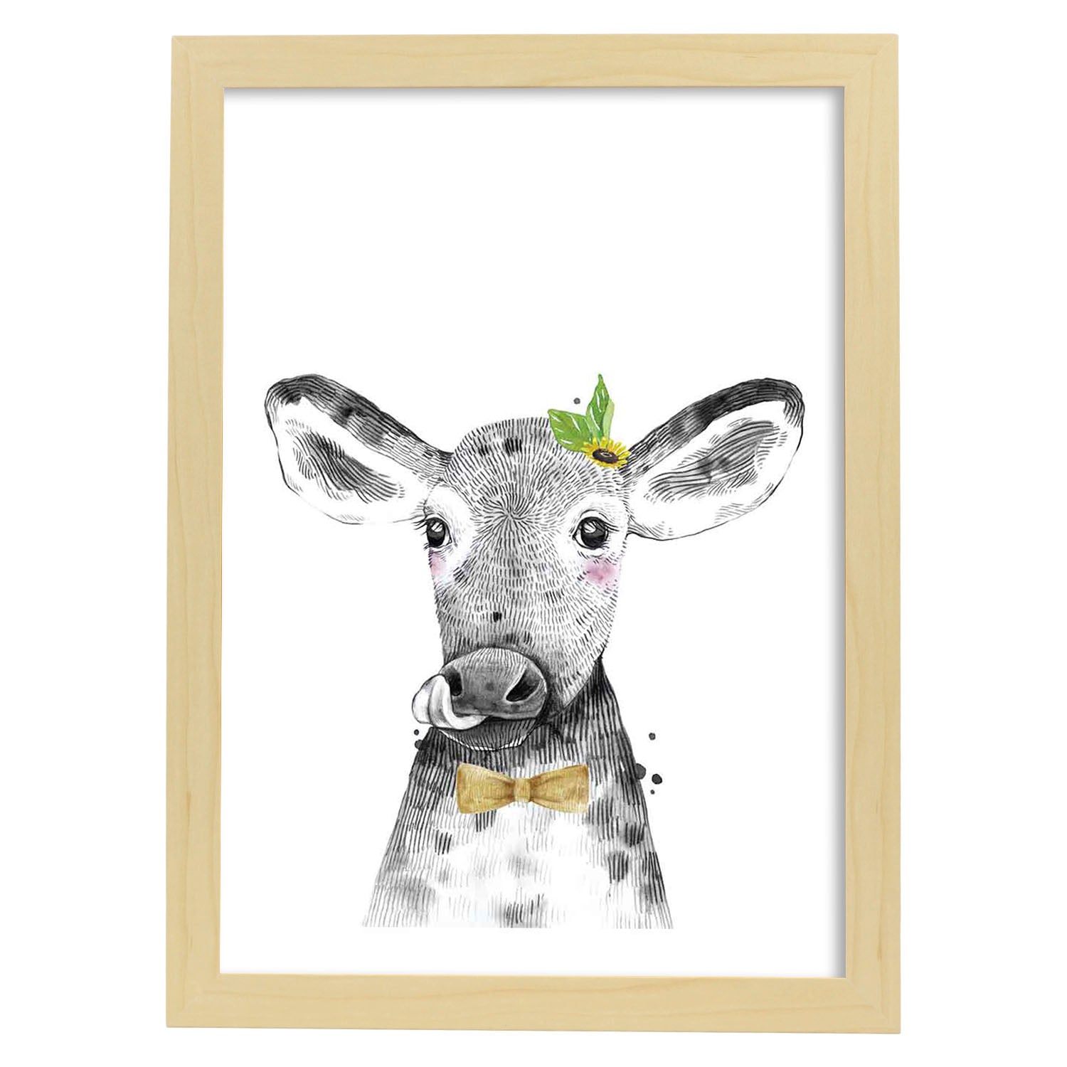Lámina Vaca infantil con pajarita poster animales infantiles-Artwork-Nacnic-A3-Marco Madera clara-Nacnic Estudio SL