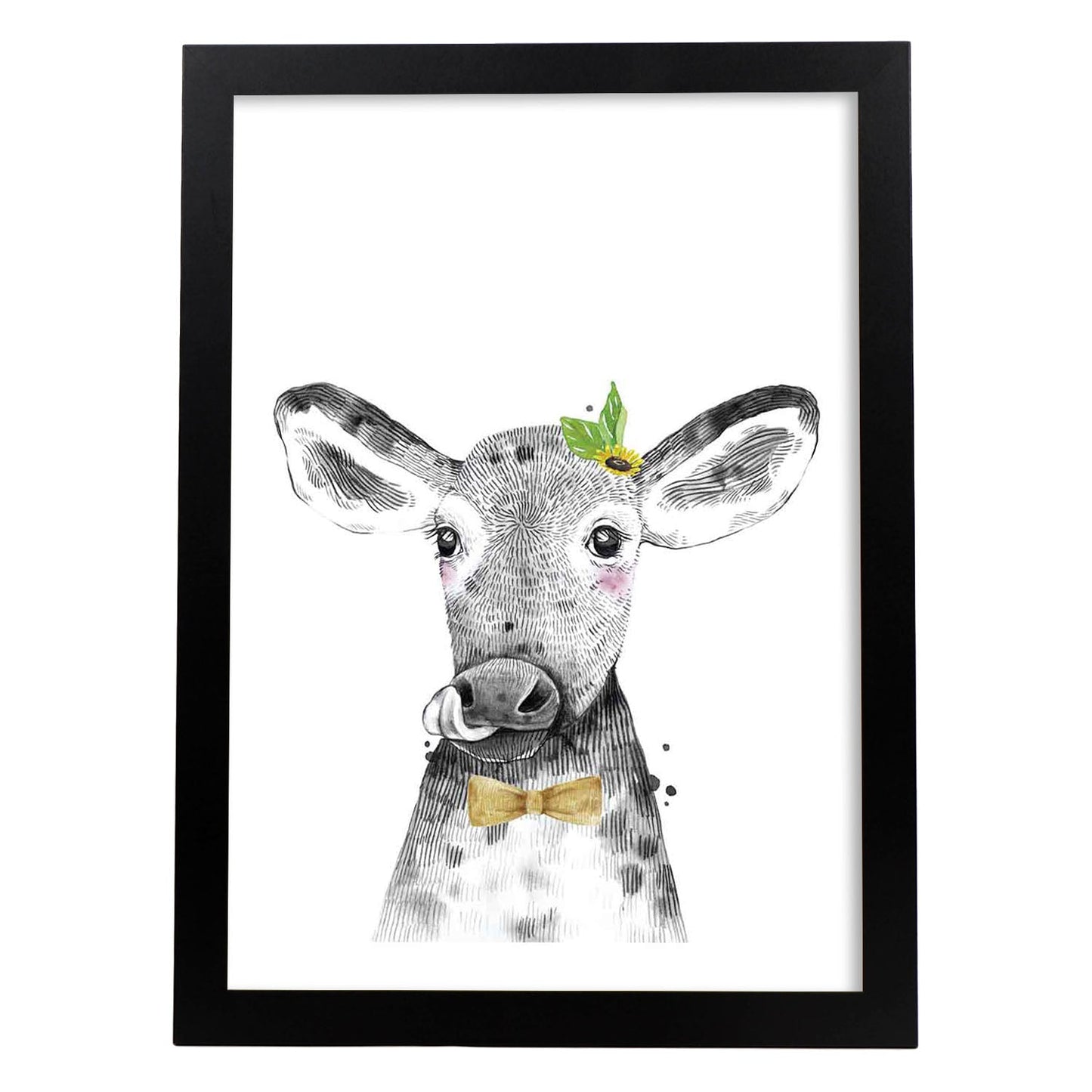 Lámina Vaca infantil con pajarita poster animales infantiles-Artwork-Nacnic-A3-Marco Negro-Nacnic Estudio SL