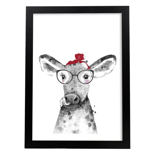 Lámina Vaca infantil con pañuelo poster animales infantiles-Artwork-Nacnic-A4-Marco Negro-Nacnic Estudio SL
