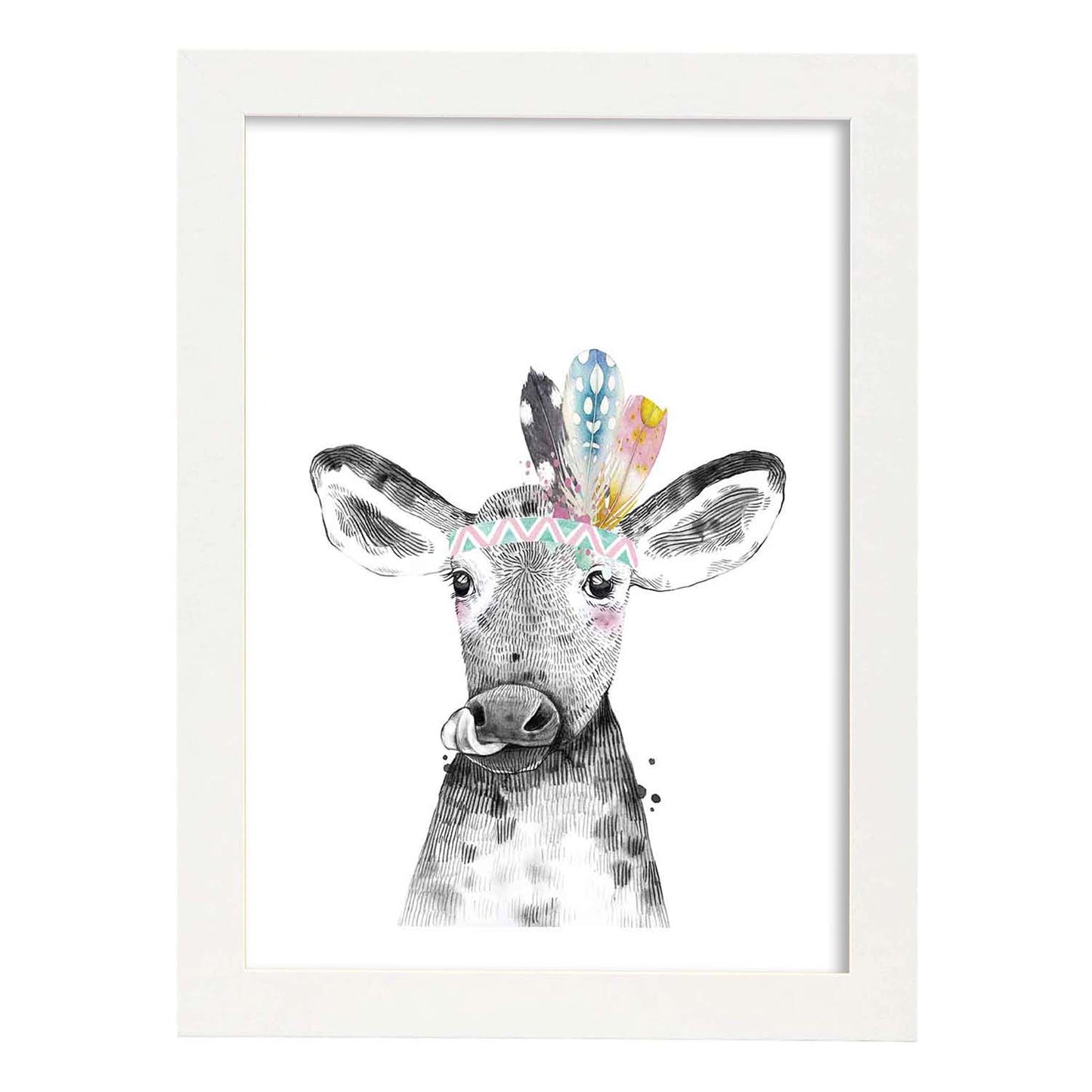 Lámina Vaca infantil con plumas poster animales infantiles-Artwork-Nacnic-A3-Marco Blanco-Nacnic Estudio SL
