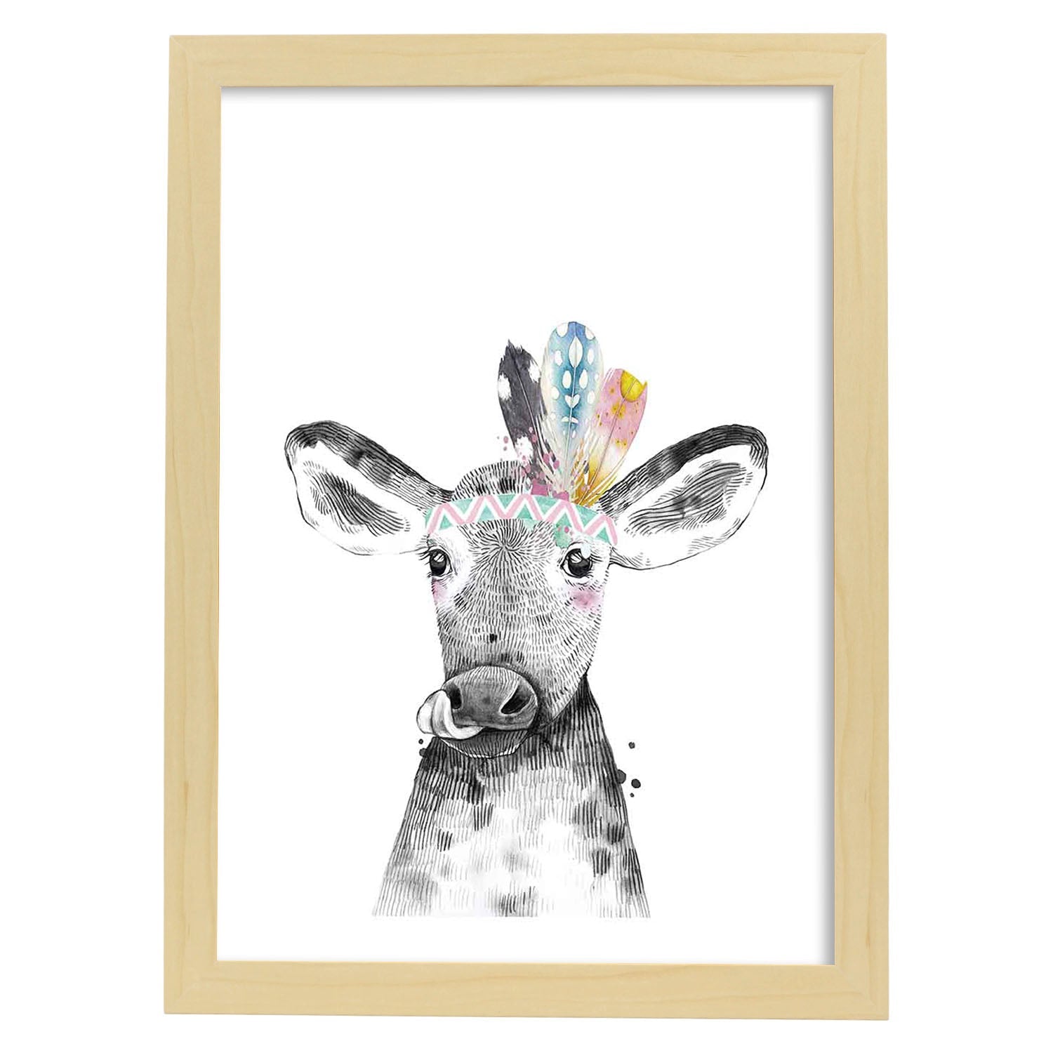 Lámina Vaca infantil con plumas poster animales infantiles-Artwork-Nacnic-A3-Marco Madera clara-Nacnic Estudio SL
