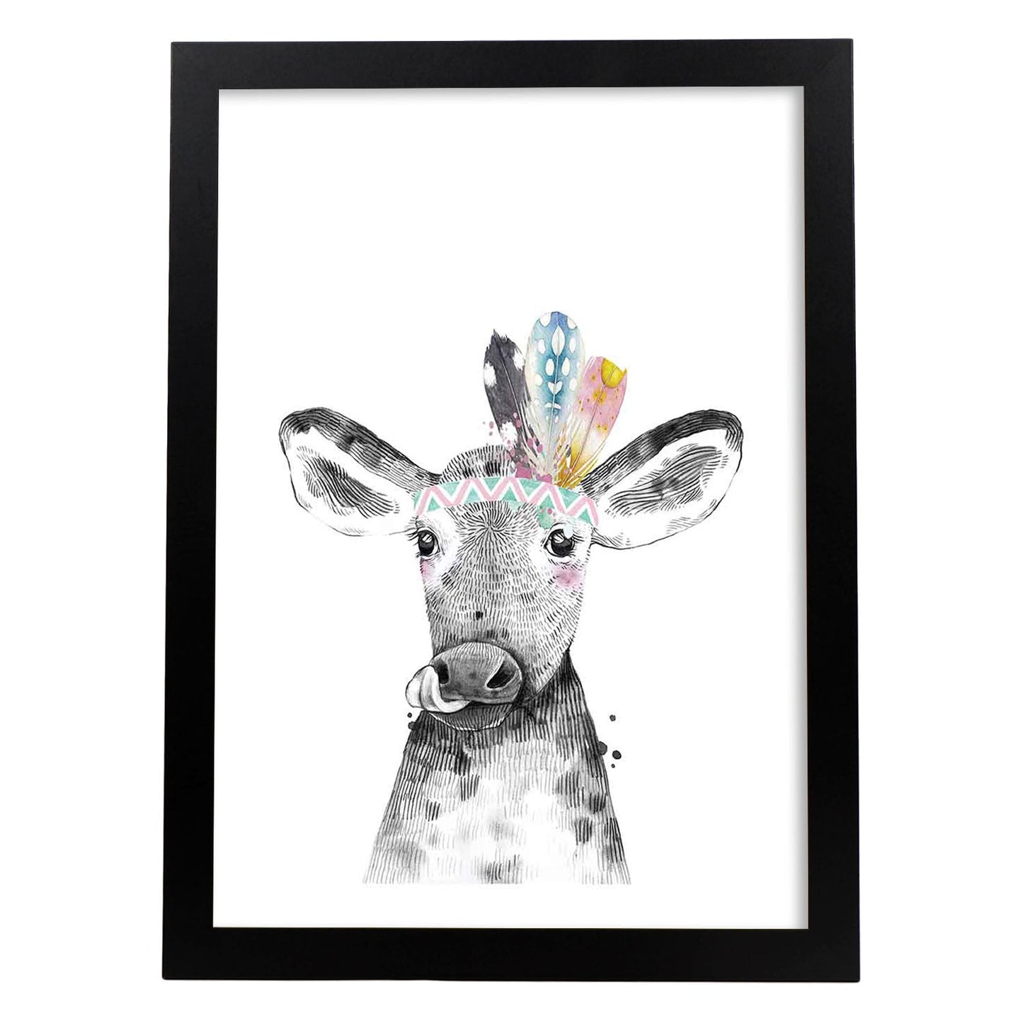 Lámina Vaca infantil con plumas poster animales infantiles-Artwork-Nacnic-A3-Marco Negro-Nacnic Estudio SL