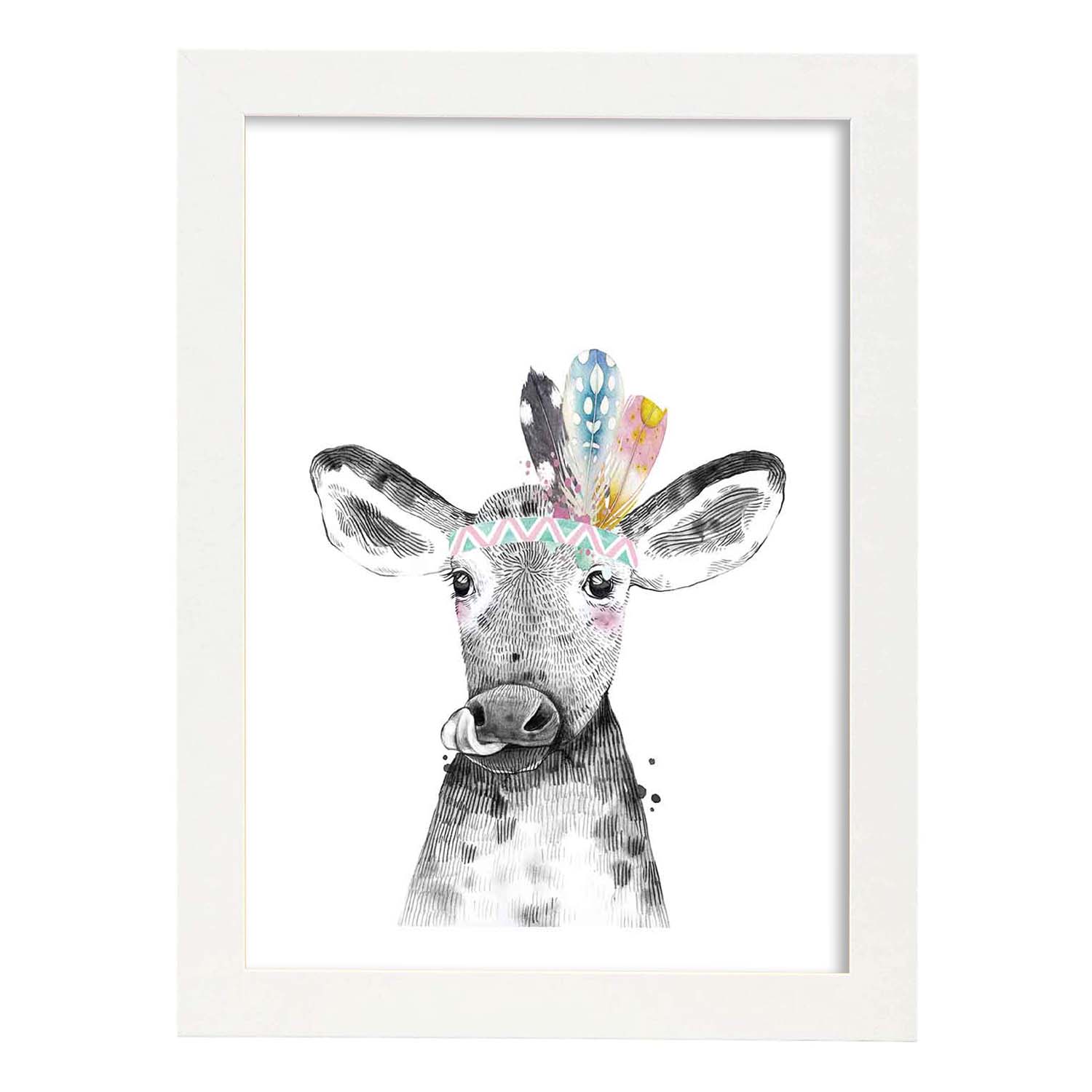 Lámina Vaca infantil con plumas poster animales infantiles-Artwork-Nacnic-A4-Marco Blanco-Nacnic Estudio SL