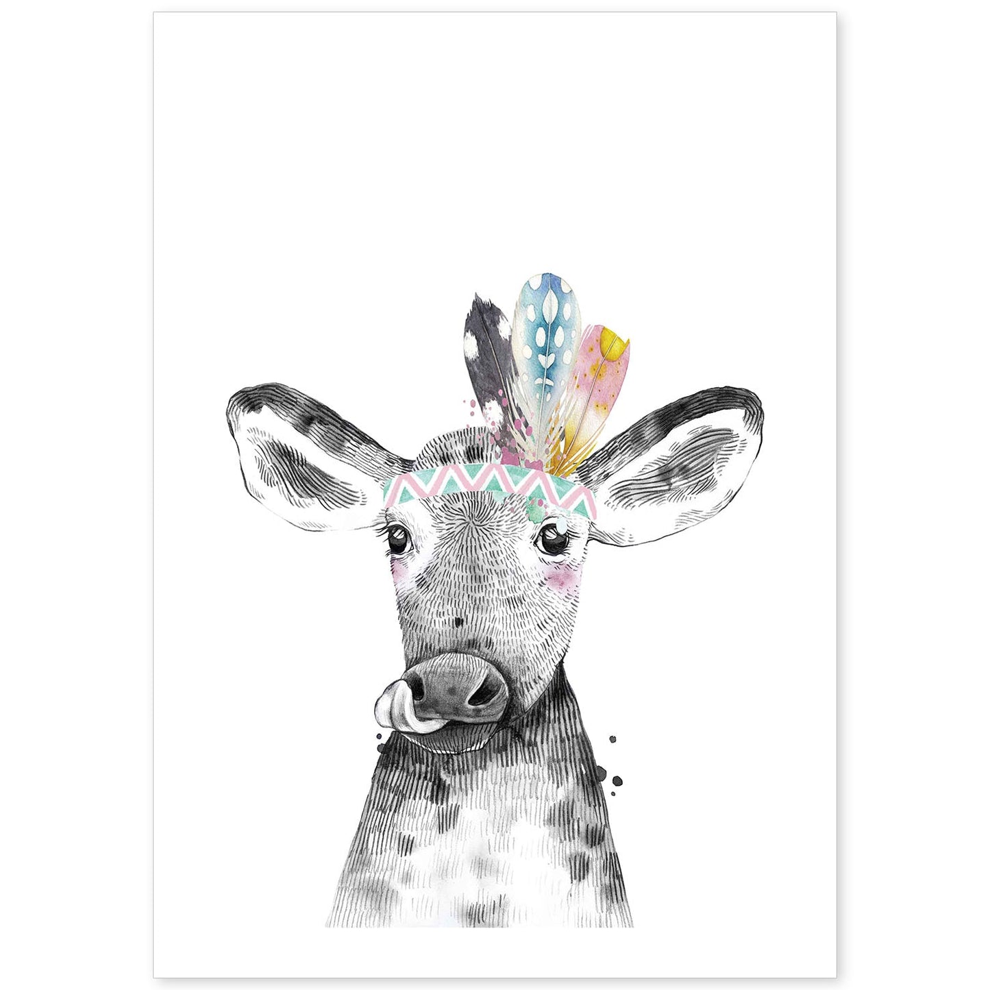 Lámina Vaca infantil con plumas poster animales infantiles-Artwork-Nacnic-A4-Sin marco-Nacnic Estudio SL
