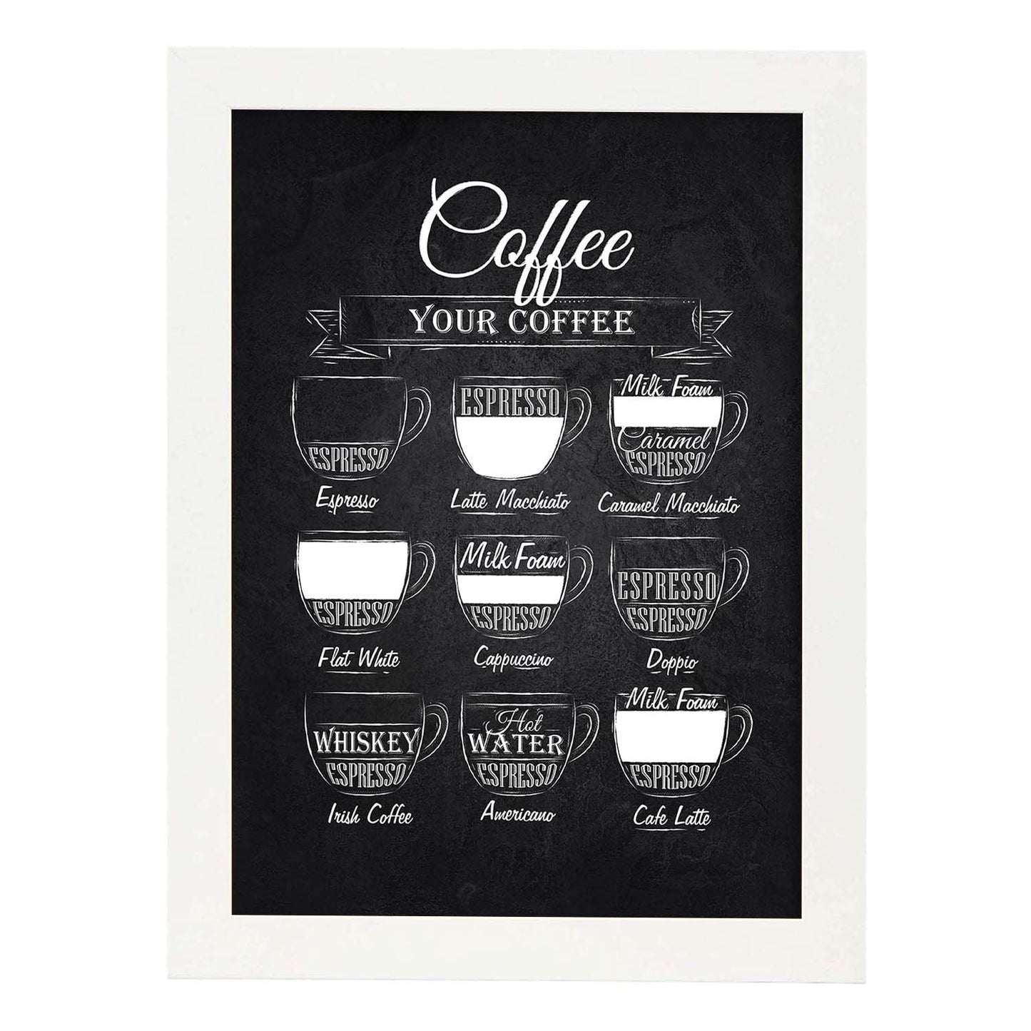 Láminas de café. Poster con diseño Café fondo negro.-Artwork-Nacnic-A3-Marco Blanco-Nacnic Estudio SL