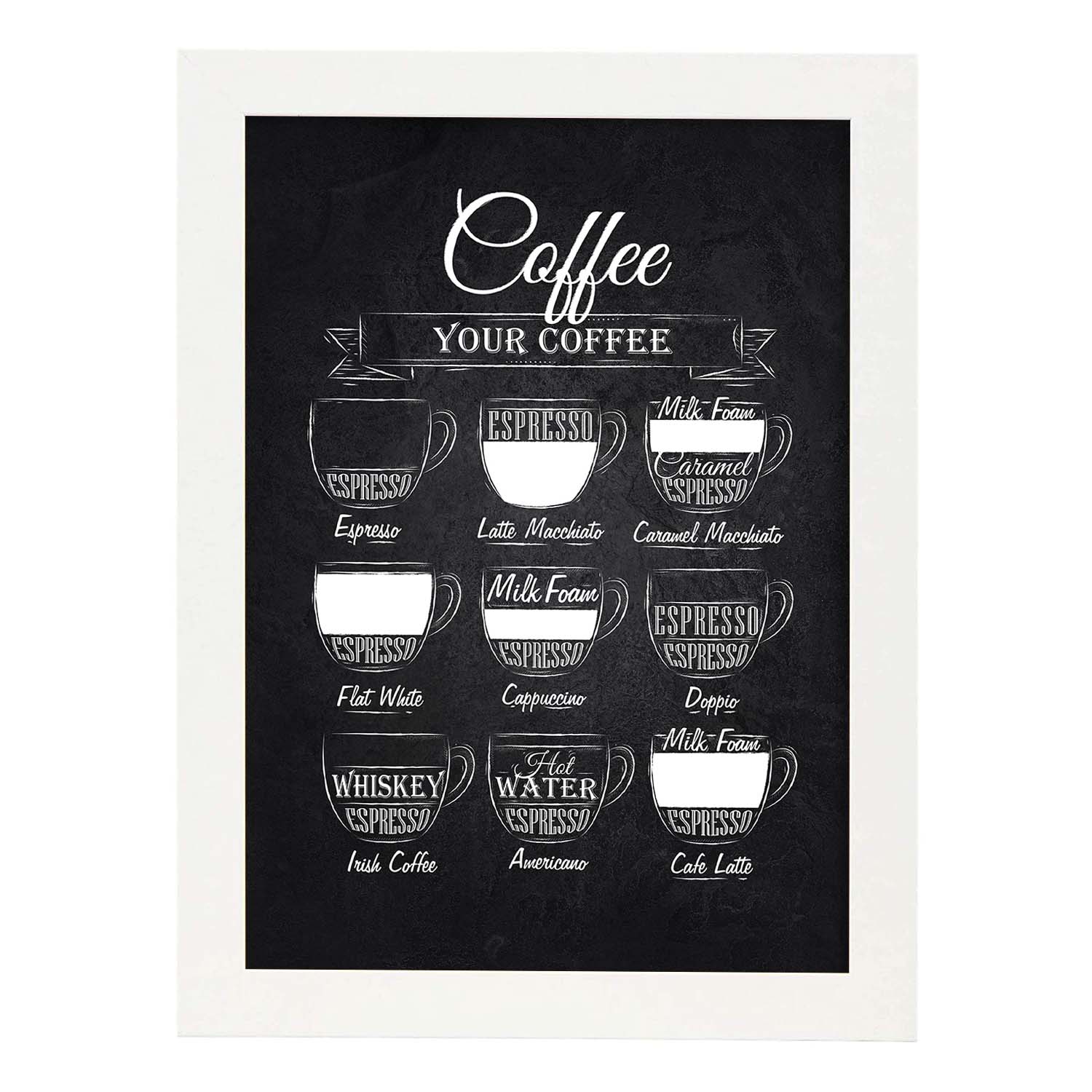 Láminas de café. Poster con diseño Café fondo negro.-Artwork-Nacnic-A4-Marco Blanco-Nacnic Estudio SL