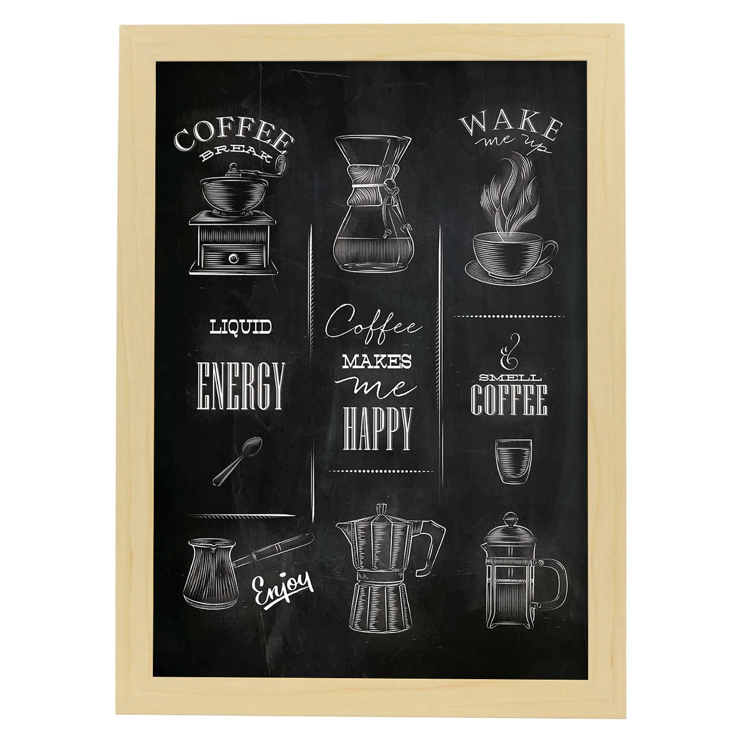 Láminas de café. Poster con diseño Cafeteras.-Artwork-Nacnic-A4-Marco Madera clara-Nacnic Estudio SL