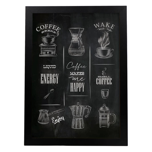 Láminas de café. Poster con diseño Cafeteras.-Artwork-Nacnic-A4-Marco Negro-Nacnic Estudio SL