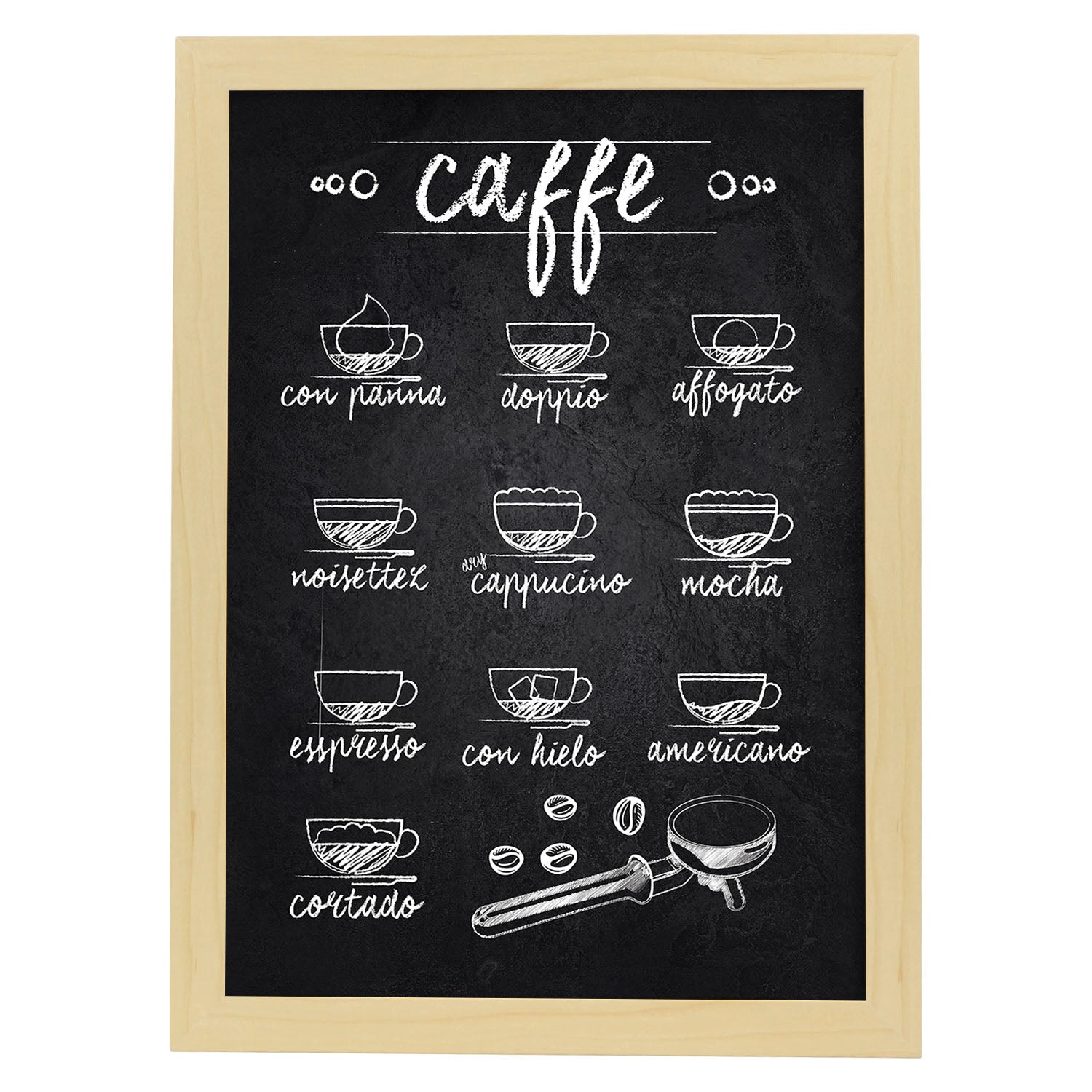 Láminas de café. Poster con diseño de Tazas y Cafés Italianos.-Artwork-Nacnic-A3-Marco Madera clara-Nacnic Estudio SL