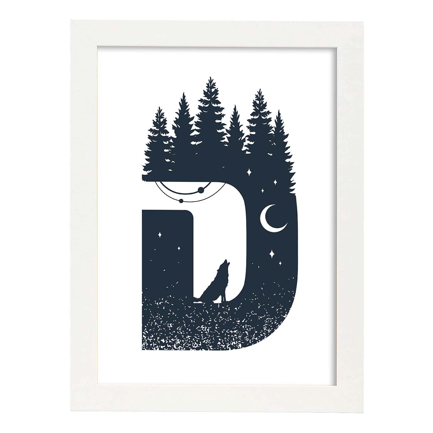 Letra D con bosque, lobo y luna. Naturaleza.Posters de letras con diseño.-Artwork-Nacnic-A3-Marco Blanco-Nacnic Estudio SL