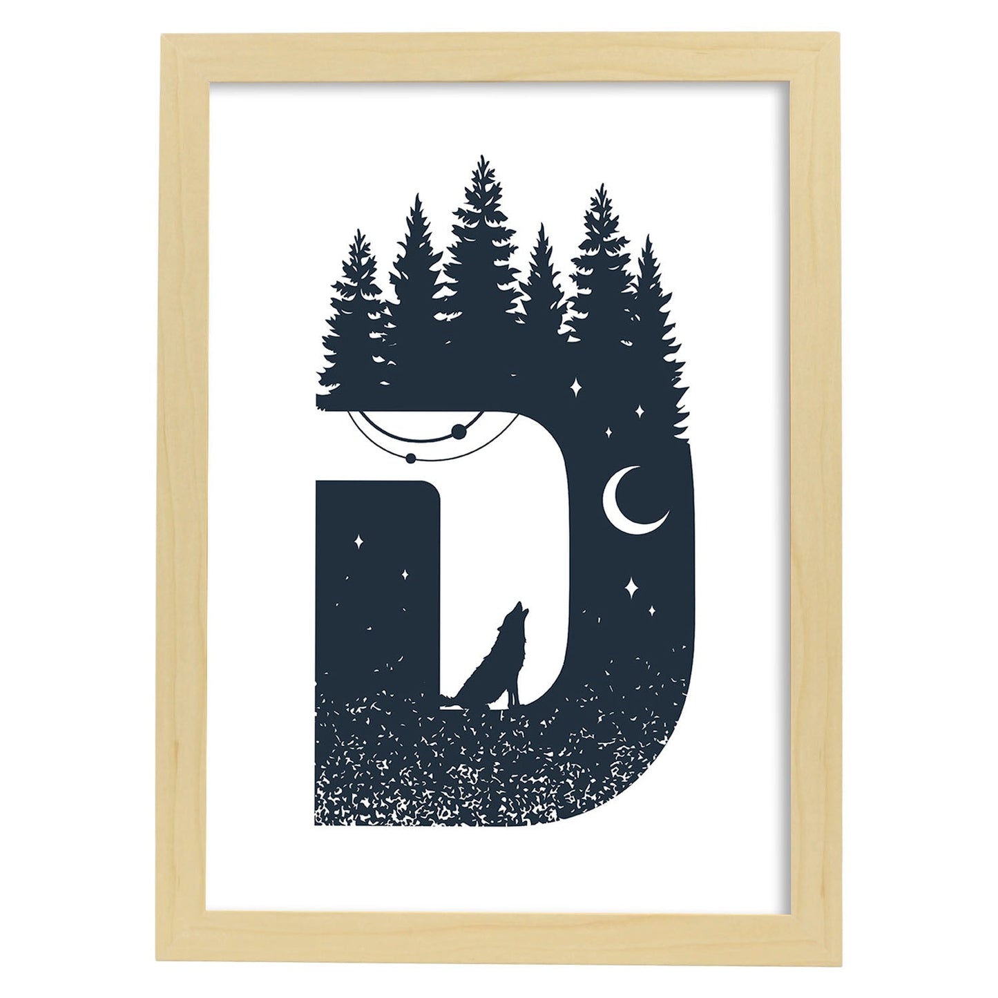 Letra D con bosque, lobo y luna. Naturaleza.Posters de letras con diseño.-Artwork-Nacnic-A3-Marco Madera clara-Nacnic Estudio SL