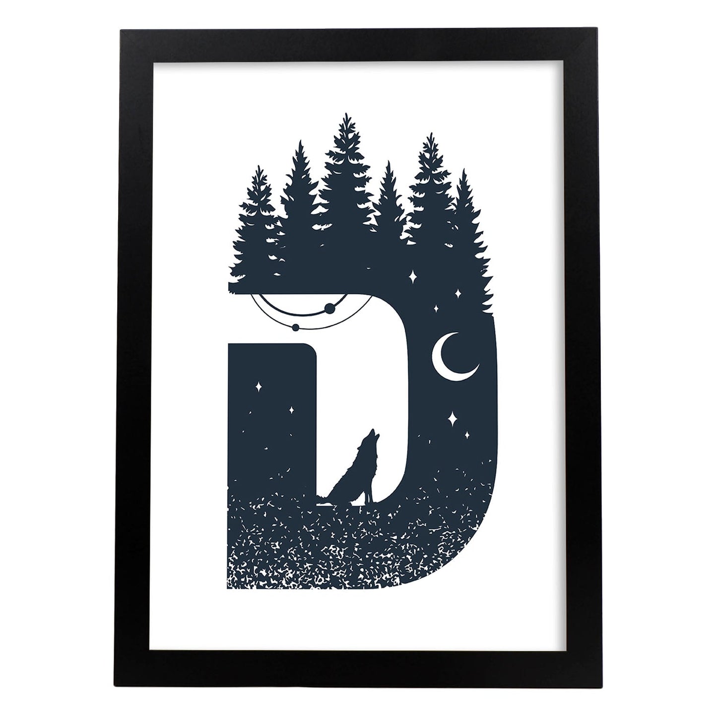 Letra D con bosque, lobo y luna. Naturaleza.Posters de letras con diseño.-Artwork-Nacnic-A3-Marco Negro-Nacnic Estudio SL