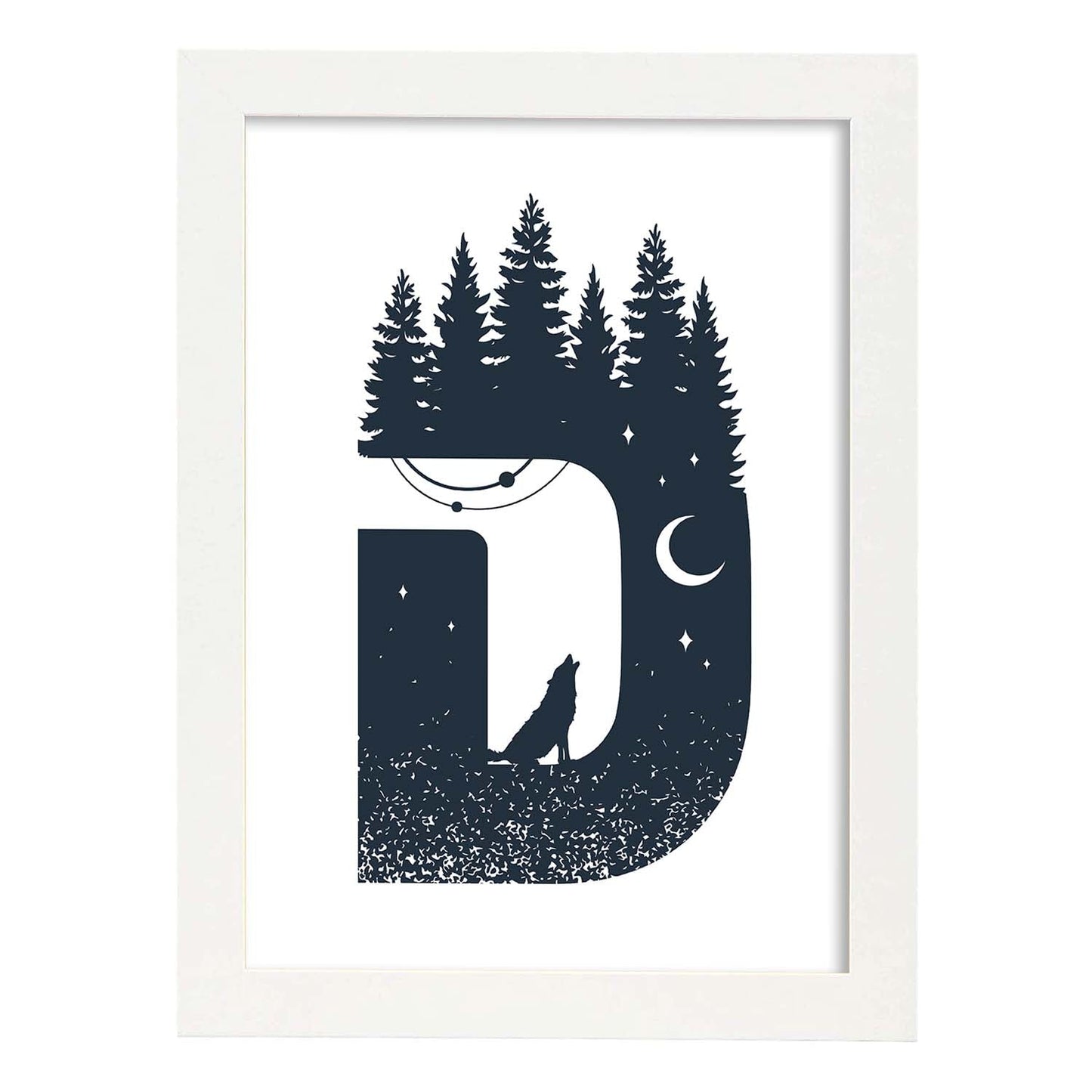 Letra D con bosque, lobo y luna. Naturaleza.Posters de letras con diseño.-Artwork-Nacnic-A4-Marco Blanco-Nacnic Estudio SL