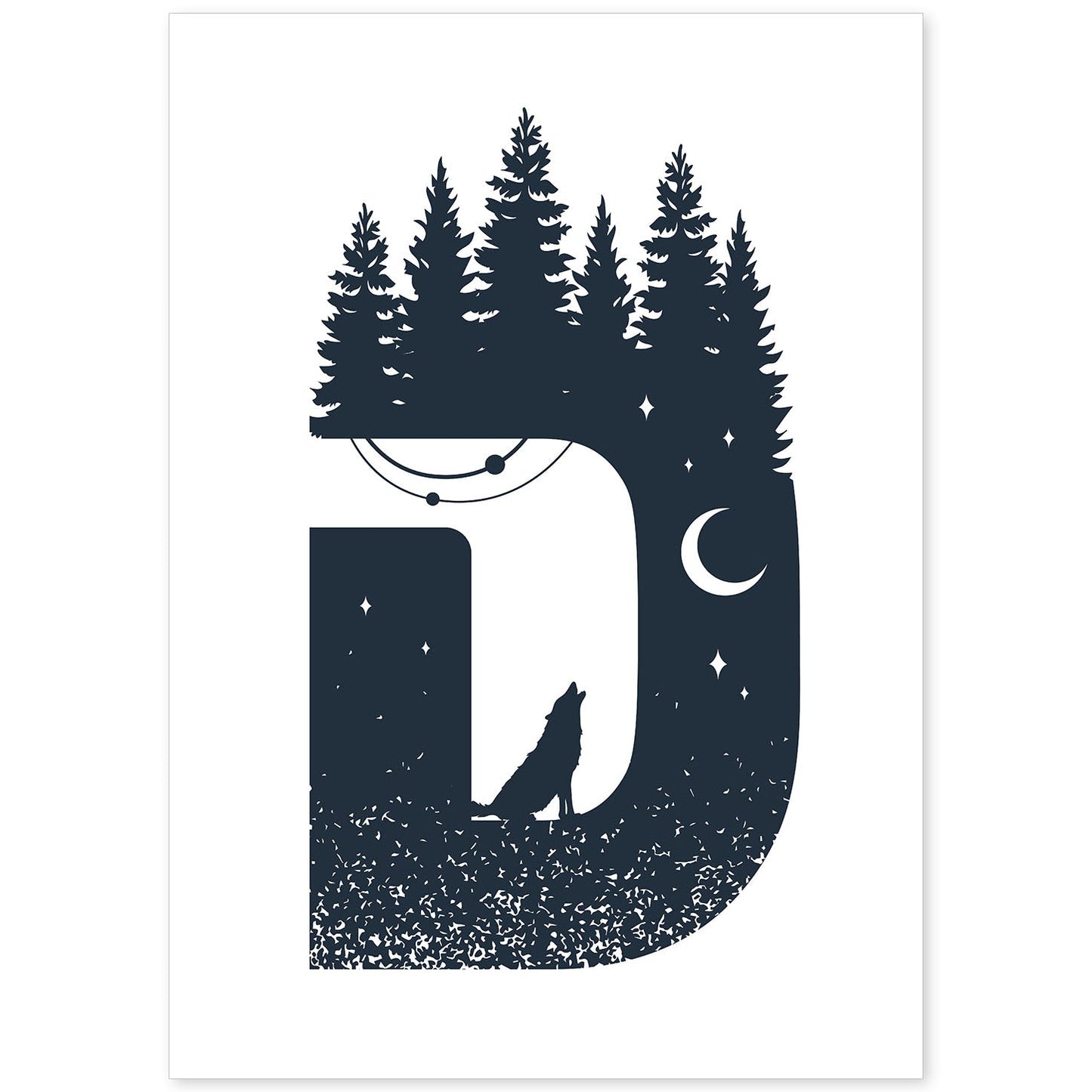 Letra D con bosque, lobo y luna. Naturaleza.Posters de letras con diseño.-Artwork-Nacnic-A4-Sin marco-Nacnic Estudio SL
