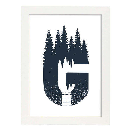Letra G con bosque y montañas. Naturaleza.Posters de letras con diseño.-Artwork-Nacnic-A4-Marco Blanco-Nacnic Estudio SL