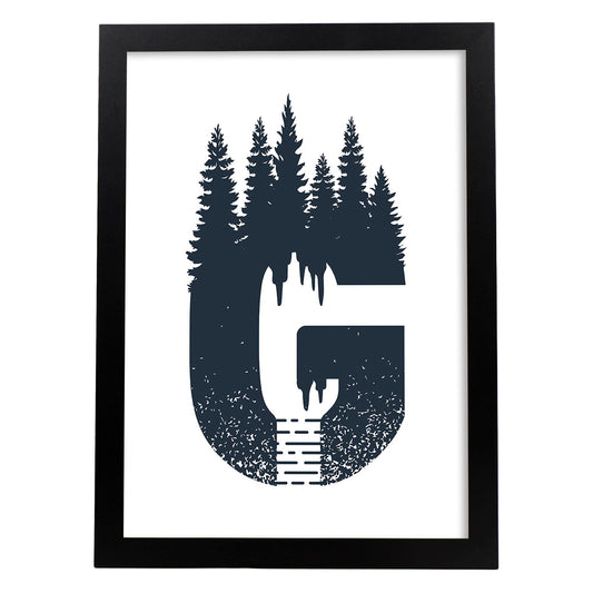 Letra G con bosque y montañas. Naturaleza.Posters de letras con diseño.-Artwork-Nacnic-A4-Marco Negro-Nacnic Estudio SL
