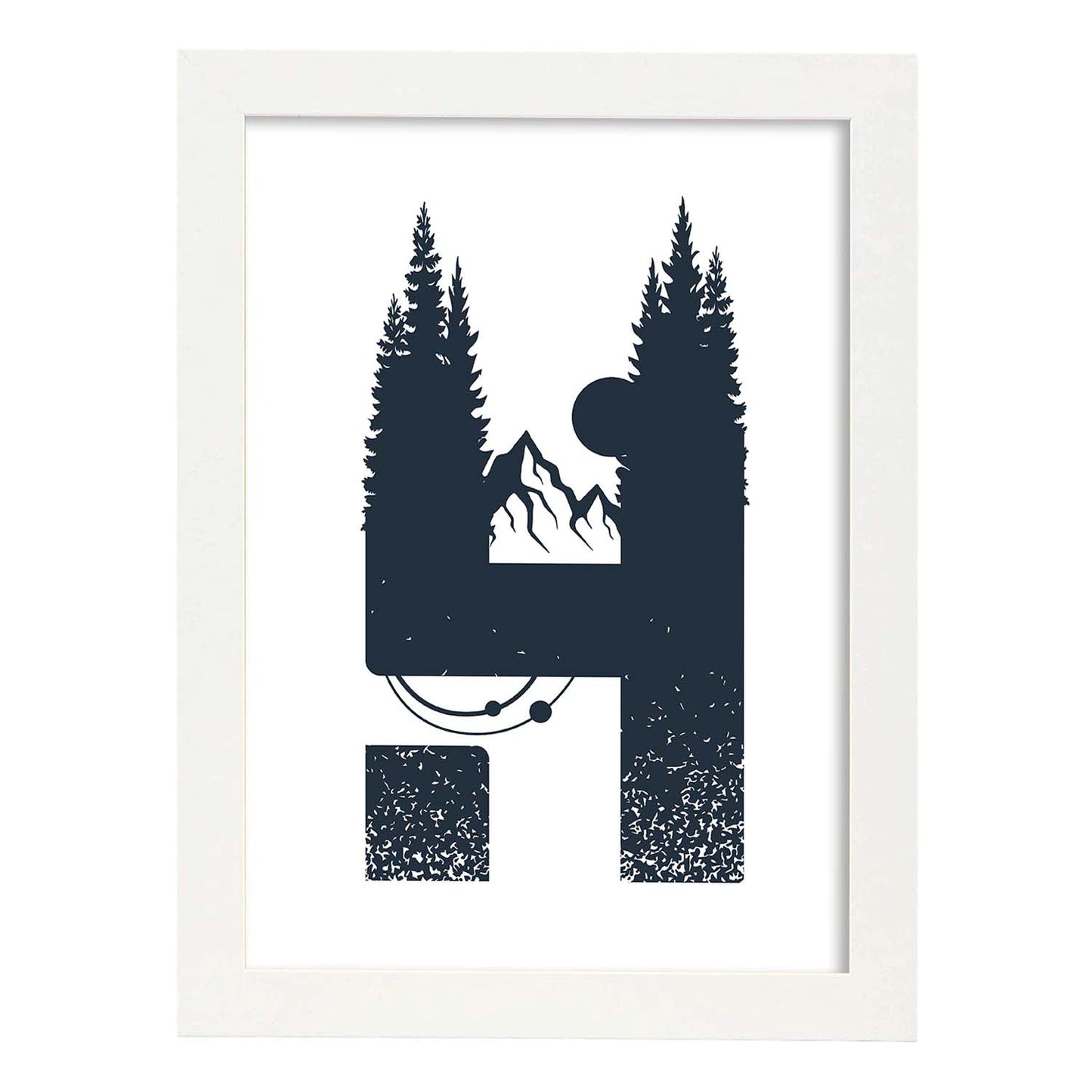 Letra H con bosque, luna y montañas. Naturaleza.Posters de letras con diseño.-Artwork-Nacnic-A3-Marco Blanco-Nacnic Estudio SL