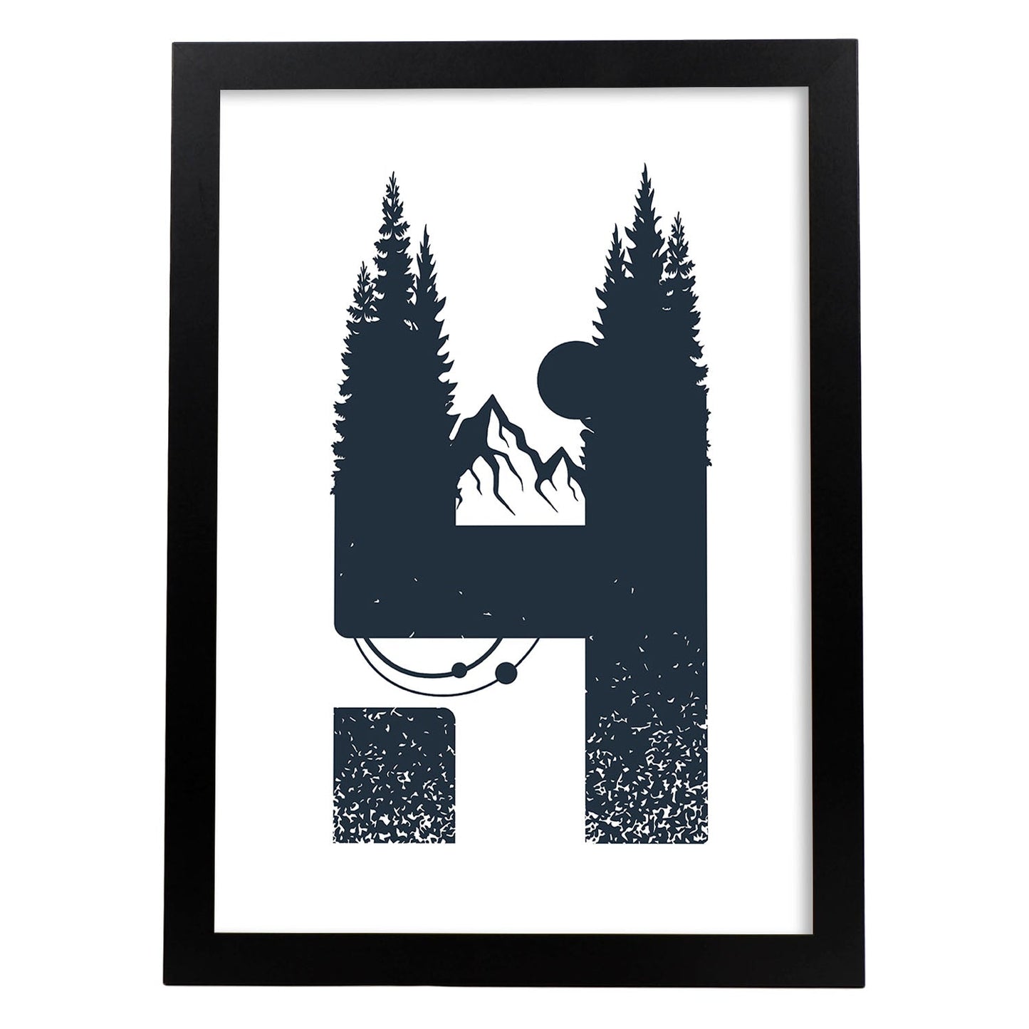 Letra H con bosque, luna y montañas. Naturaleza.Posters de letras con diseño.-Artwork-Nacnic-A3-Marco Negro-Nacnic Estudio SL