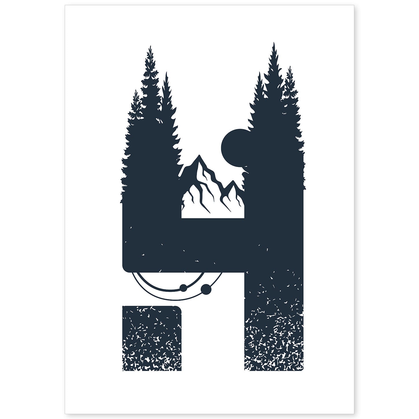 Letra H con bosque, luna y montañas. Naturaleza.Posters de letras con diseño.-Artwork-Nacnic-A4-Sin marco-Nacnic Estudio SL