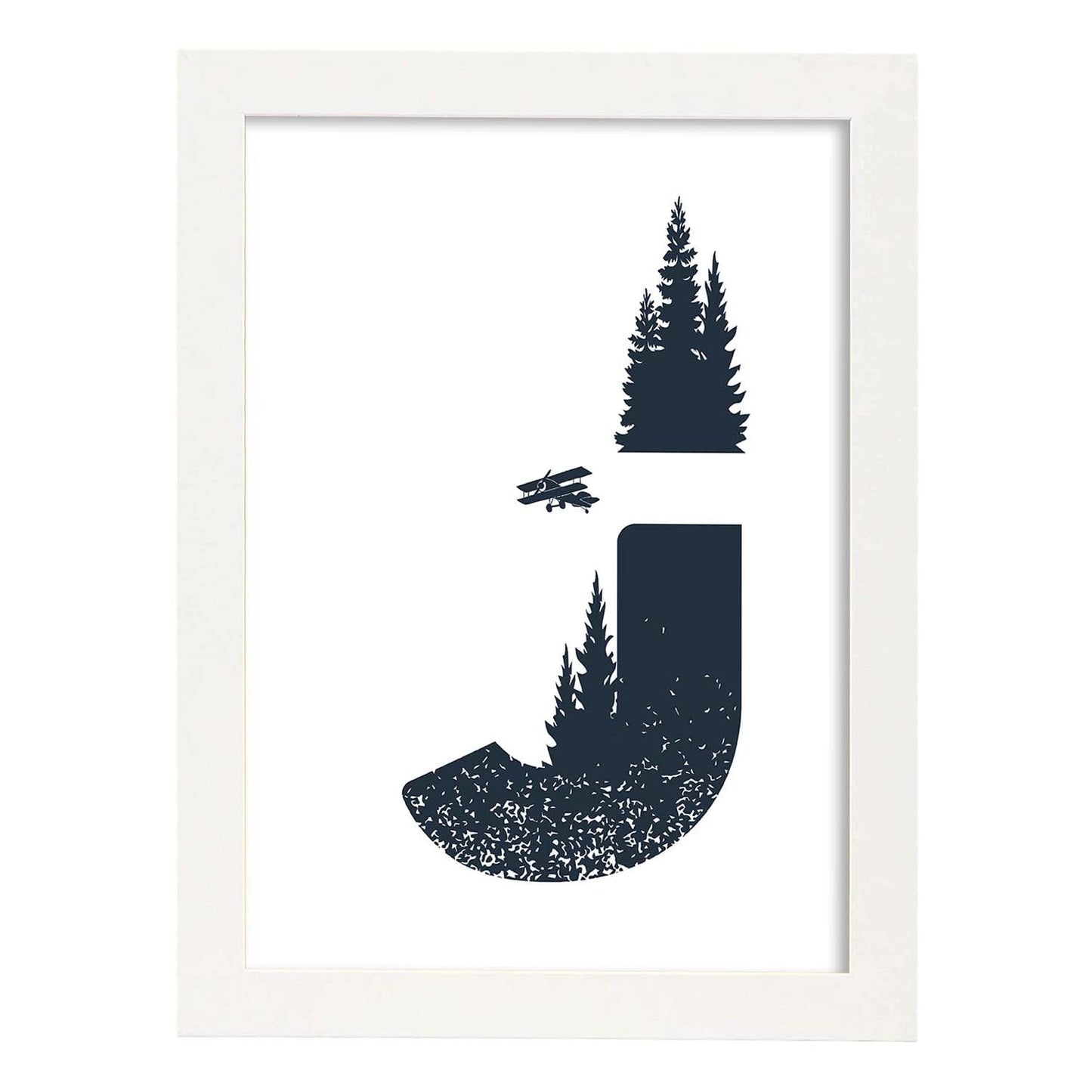 Letra J con bosque,avioneta y montañas. Naturaleza.Posters de letras con diseño.-Artwork-Nacnic-A3-Marco Blanco-Nacnic Estudio SL