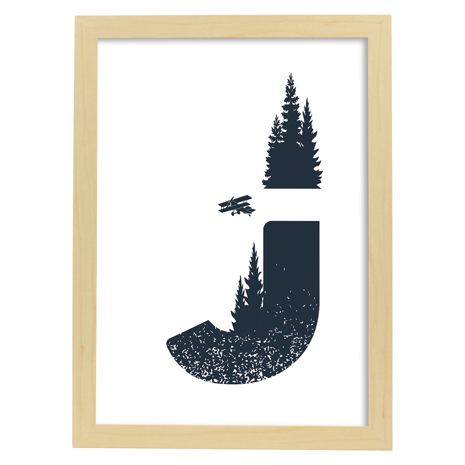Letra J con bosque,avioneta y montañas. Naturaleza.Posters de letras con diseño.-Artwork-Nacnic-A3-Marco Madera clara-Nacnic Estudio SL