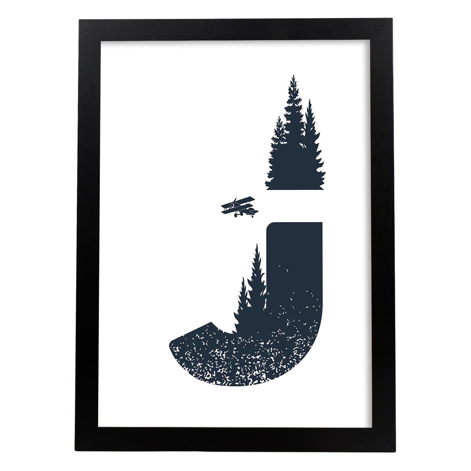 Letra J con bosque,avioneta y montañas. Naturaleza.Posters de letras con diseño.-Artwork-Nacnic-A3-Marco Negro-Nacnic Estudio SL