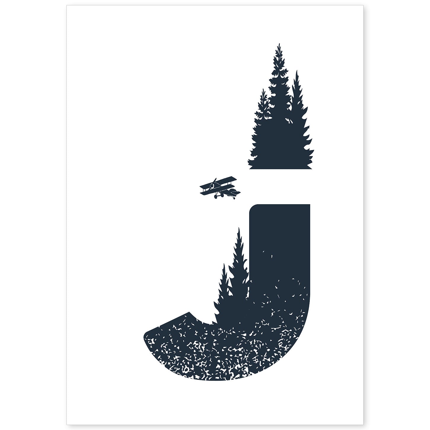 Letra J con bosque,avioneta y montañas. Naturaleza.Posters de letras con diseño.-Artwork-Nacnic-A4-Sin marco-Nacnic Estudio SL