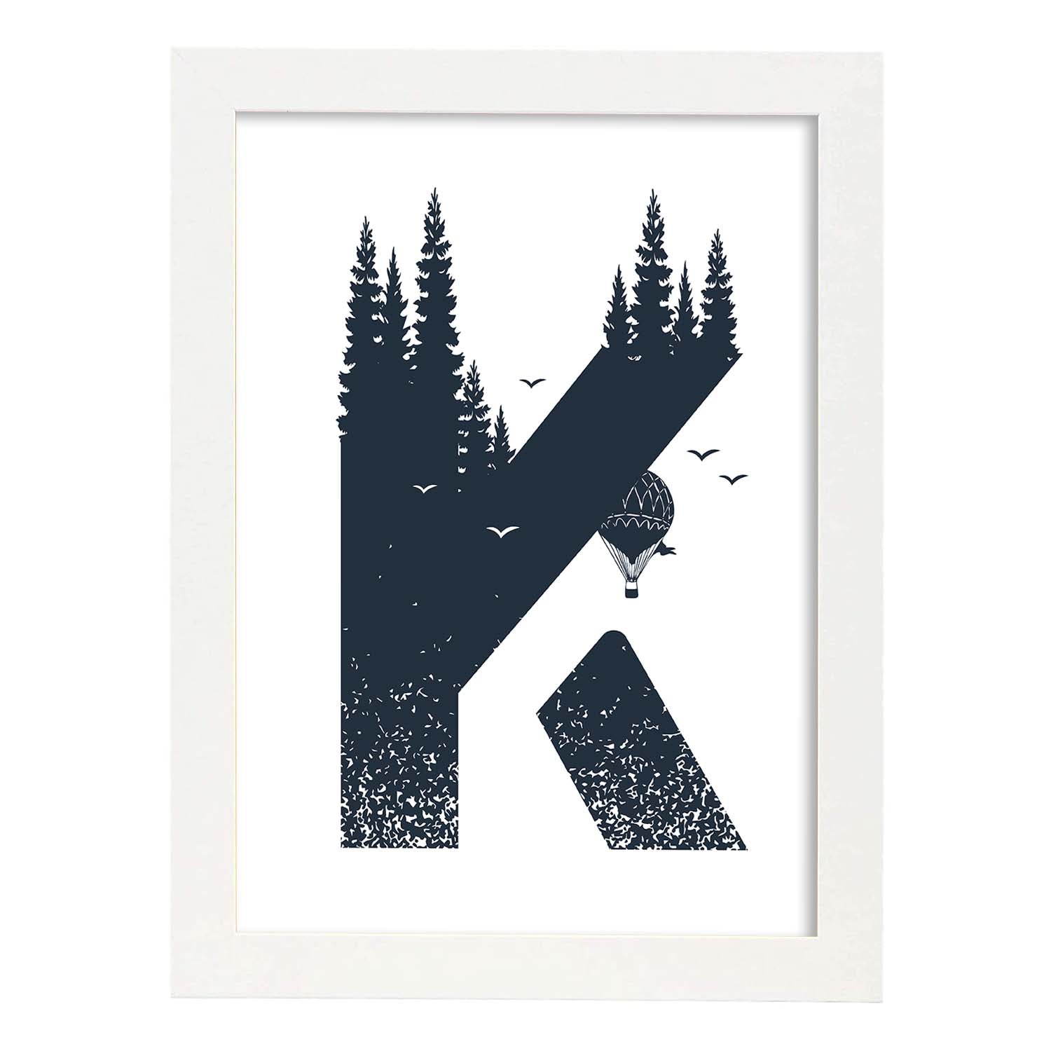 Letra K con bosque, globos y montañas. Naturaleza.Posters de letras con diseño.-Artwork-Nacnic-A3-Marco Blanco-Nacnic Estudio SL