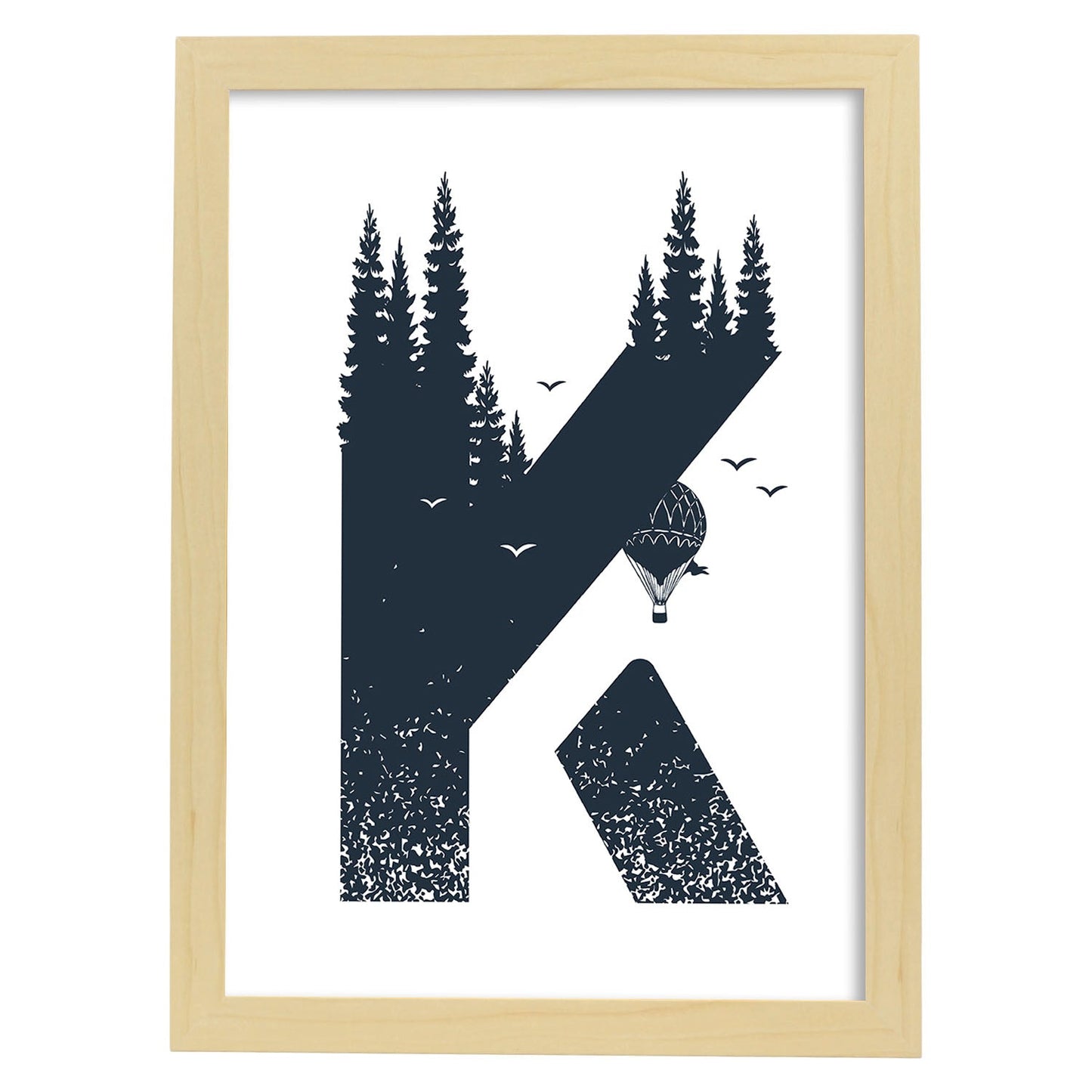 Letra K con bosque, globos y montañas. Naturaleza.Posters de letras con diseño.-Artwork-Nacnic-A3-Marco Madera clara-Nacnic Estudio SL