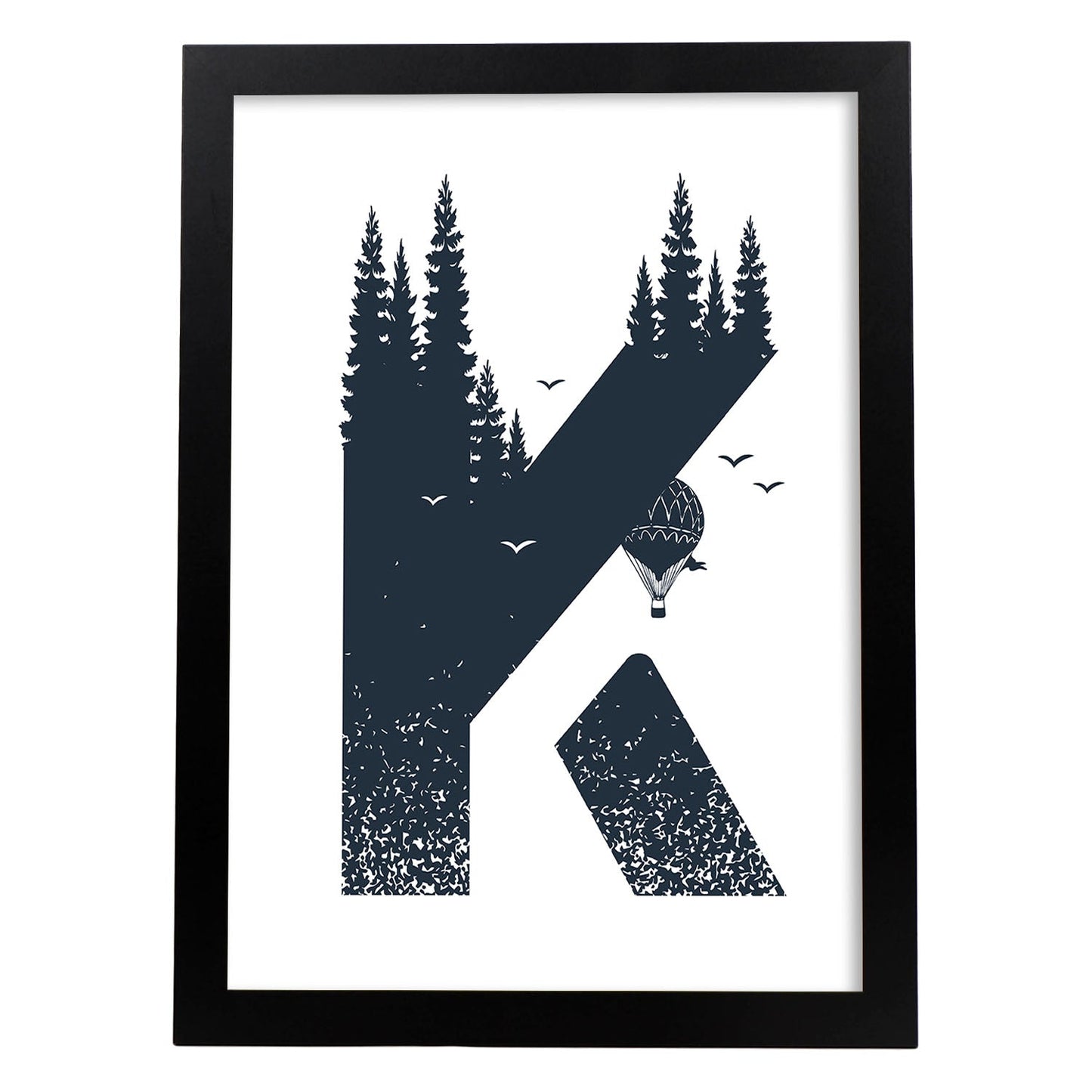 Letra K con bosque, globos y montañas. Naturaleza.Posters de letras con diseño.-Artwork-Nacnic-A3-Marco Negro-Nacnic Estudio SL