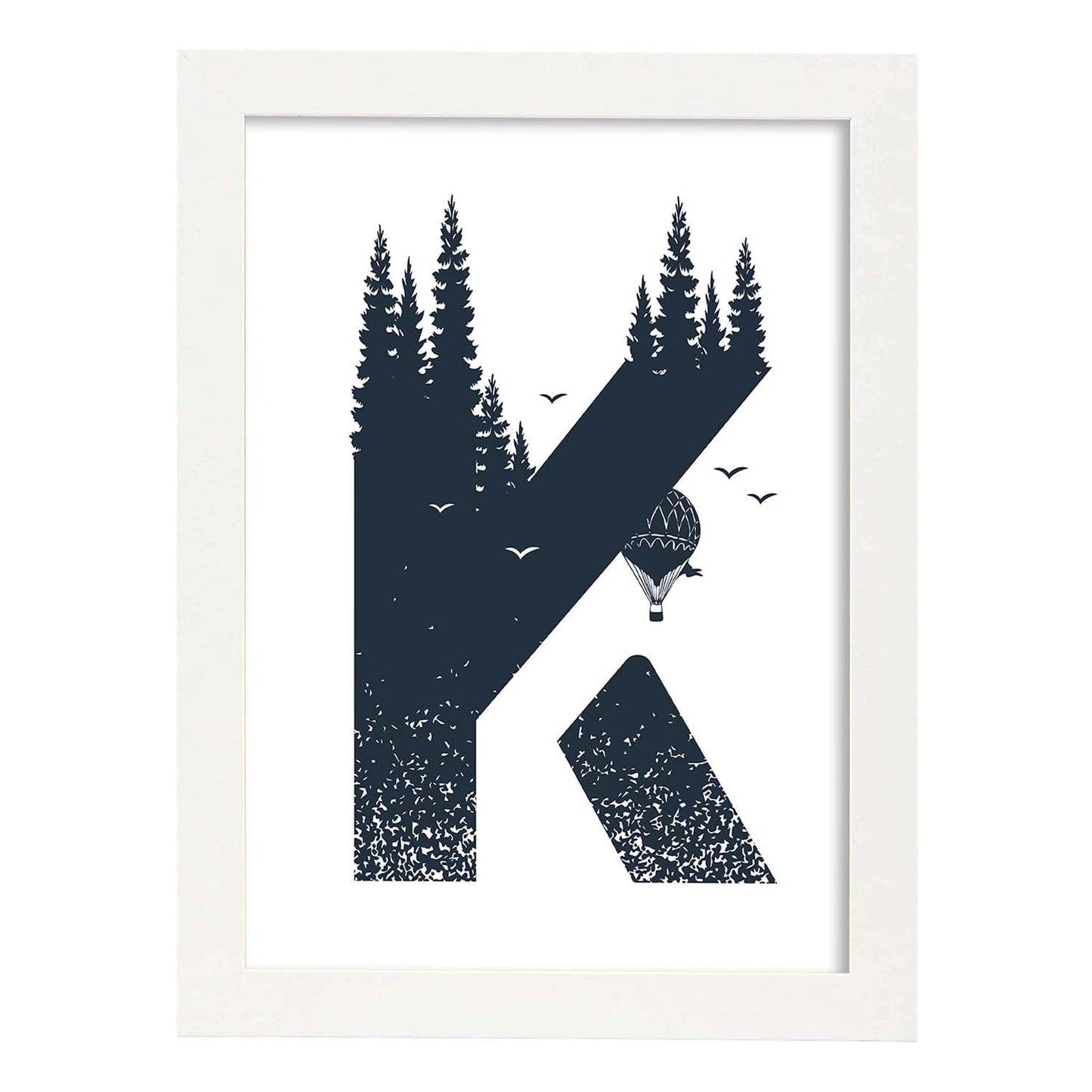 Letra K con bosque, globos y montañas. Naturaleza.Posters de letras con diseño.-Artwork-Nacnic-A4-Marco Blanco-Nacnic Estudio SL