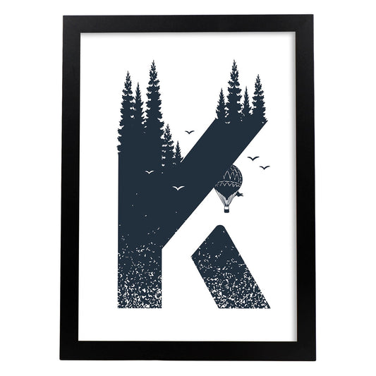Letra K con bosque, globos y montañas. Naturaleza.Posters de letras con diseño.-Artwork-Nacnic-A4-Marco Negro-Nacnic Estudio SL