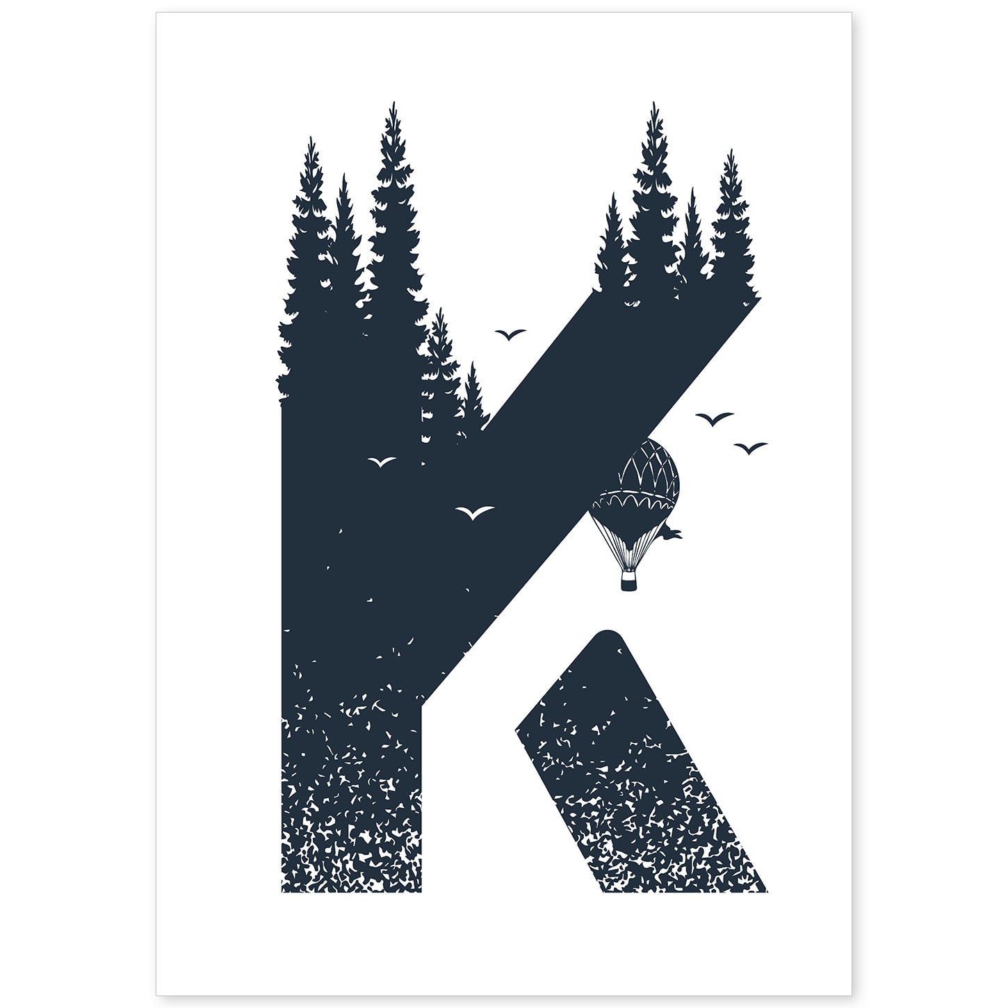 Letra K con bosque, globos y montañas. Naturaleza.Posters de letras con diseño.-Artwork-Nacnic-A4-Sin marco-Nacnic Estudio SL