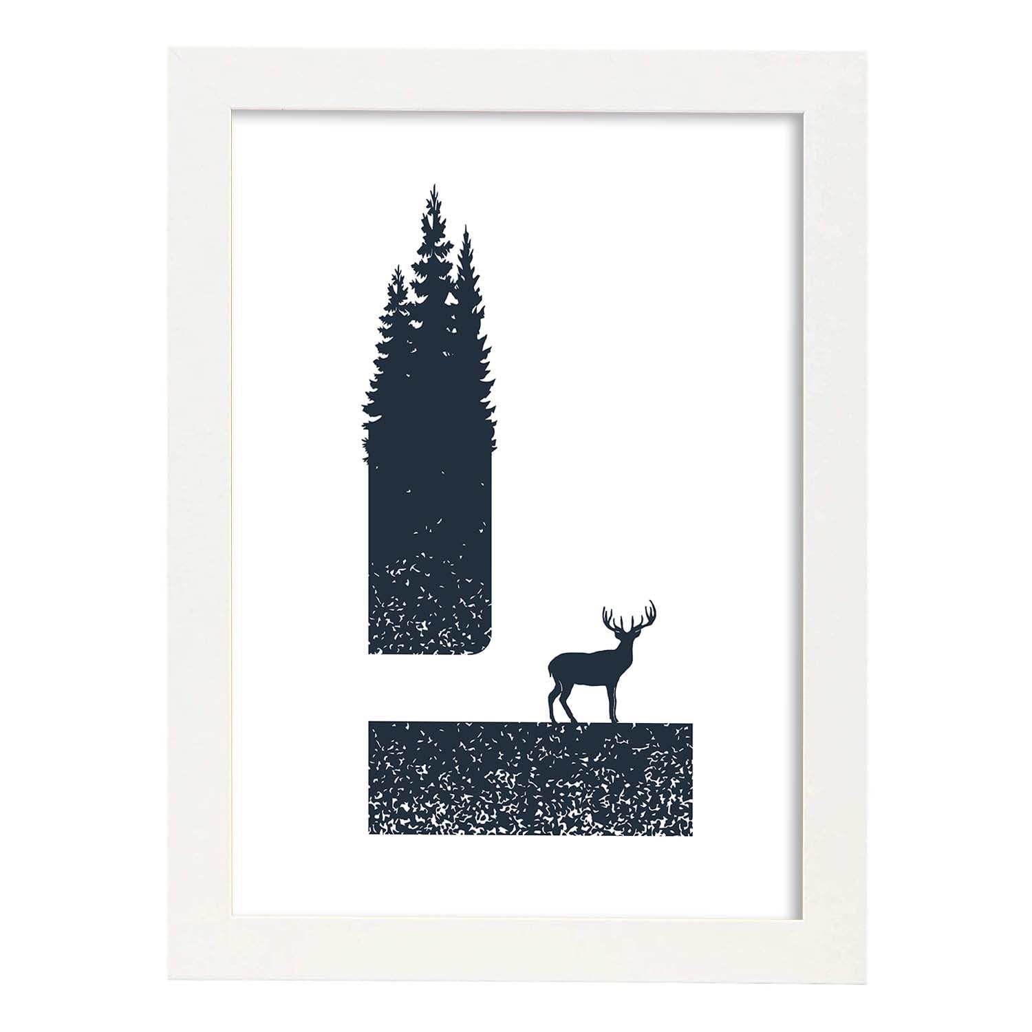 Letra L con bosque, ciervo y montañas. Naturaleza.Posters de letras con diseño.-Artwork-Nacnic-A3-Marco Blanco-Nacnic Estudio SL
