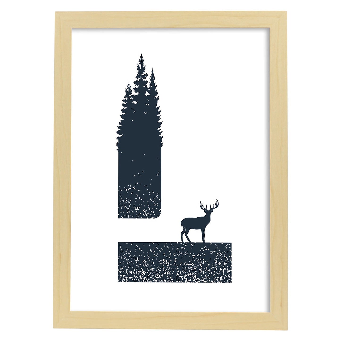 Letra L con bosque, ciervo y montañas. Naturaleza.Posters de letras con diseño.-Artwork-Nacnic-A3-Marco Madera clara-Nacnic Estudio SL