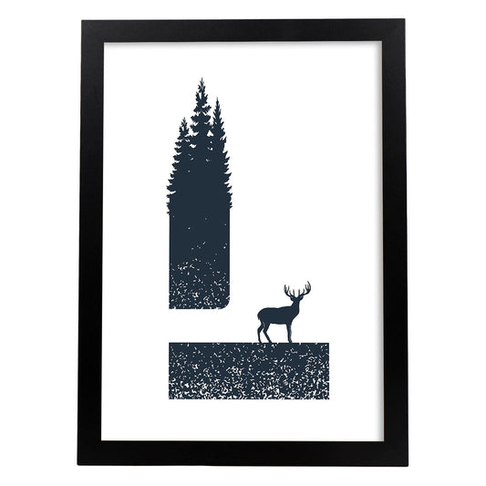 Letra L con bosque, ciervo y montañas. Naturaleza.Posters de letras con diseño.-Artwork-Nacnic-A4-Marco Negro-Nacnic Estudio SL