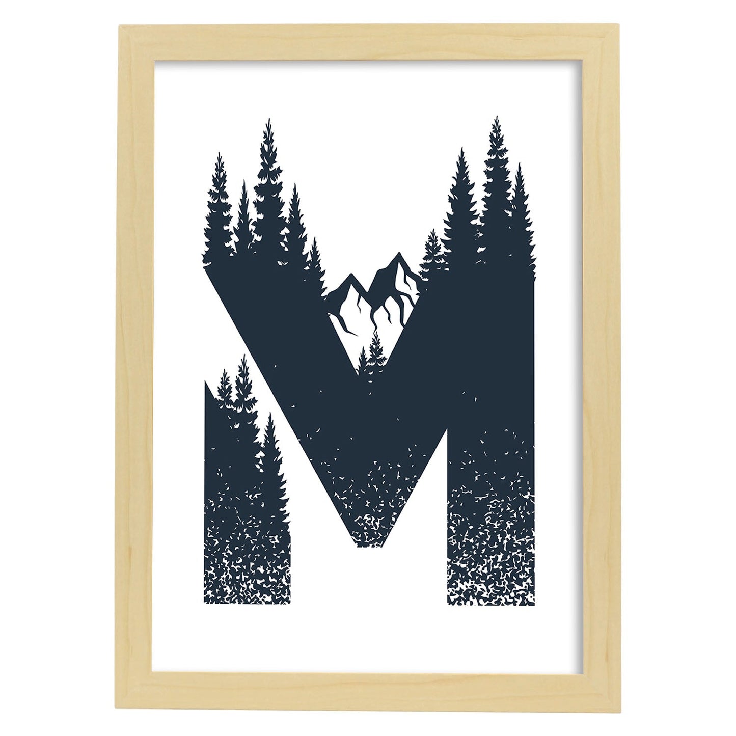 Letra M con bosque y montañas. Naturaleza.Posters de letras con diseño.-Artwork-Nacnic-A3-Marco Madera clara-Nacnic Estudio SL