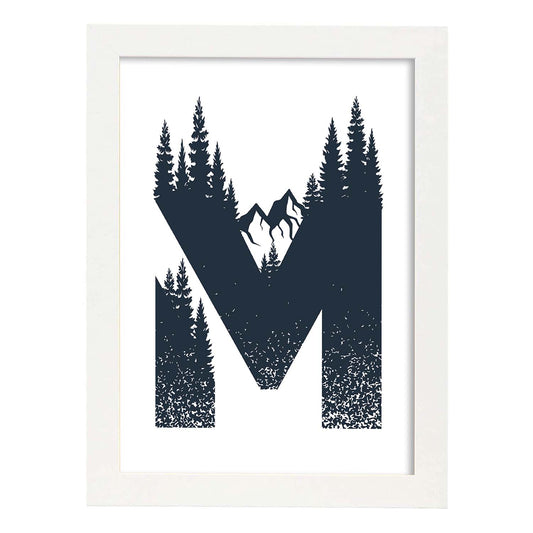 Letra M con bosque y montañas. Naturaleza.Posters de letras con diseño.-Artwork-Nacnic-A4-Marco Blanco-Nacnic Estudio SL