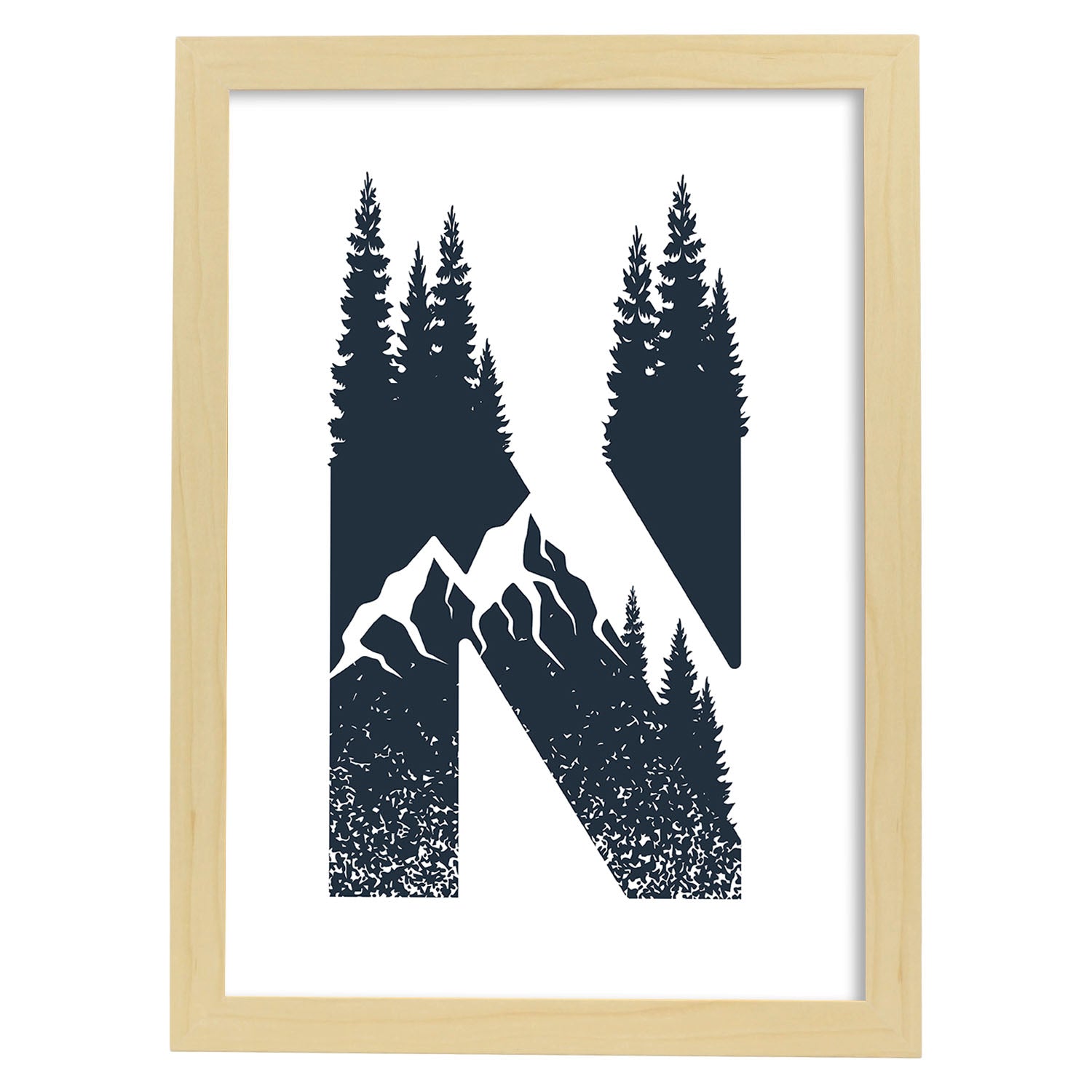Letra N con bosque y montañas. Naturaleza.Posters de letras con diseño.-Artwork-Nacnic-A3-Marco Madera clara-Nacnic Estudio SL