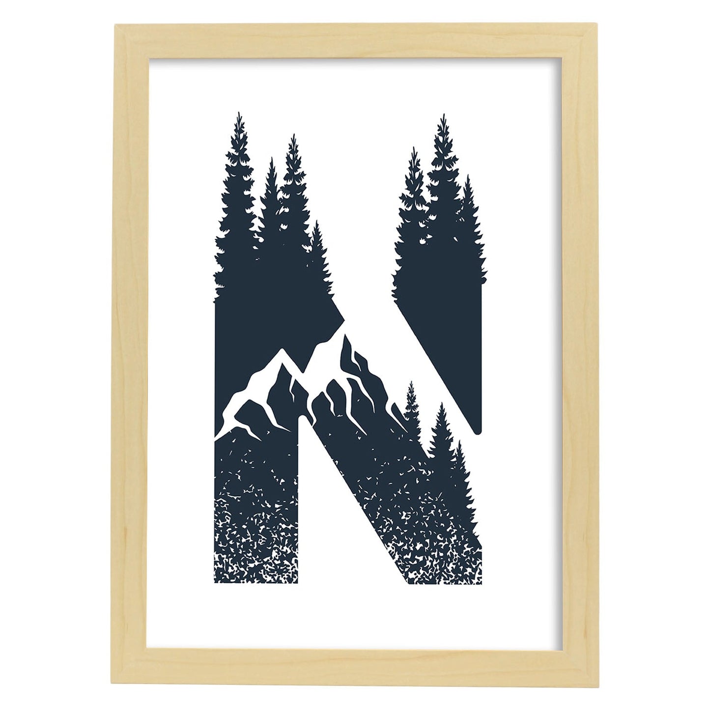 Letra N con bosque y montañas. Naturaleza.Posters de letras con diseño.-Artwork-Nacnic-A4-Marco Madera clara-Nacnic Estudio SL