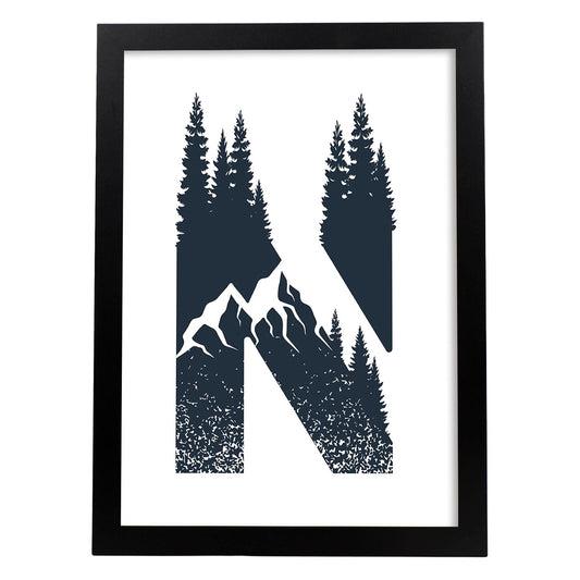 Letra N con bosque y montañas. Naturaleza.Posters de letras con diseño.-Artwork-Nacnic-A4-Marco Negro-Nacnic Estudio SL