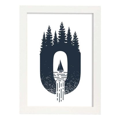 Letra O con bosque velero y montañas. Naturaleza.Posters de letras con diseño.-Artwork-Nacnic-A4-Marco Blanco-Nacnic Estudio SL