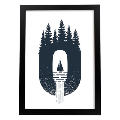 Letra O con bosque velero y montañas. Naturaleza.Posters de letras con diseño.-Artwork-Nacnic-A4-Marco Negro-Nacnic Estudio SL