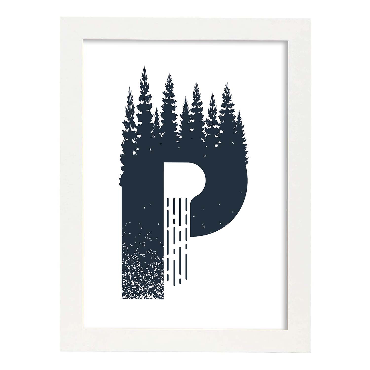 Letra P con bosque y montañas. Naturaleza.Posters de letras con diseño.-Artwork-Nacnic-A4-Marco Blanco-Nacnic Estudio SL