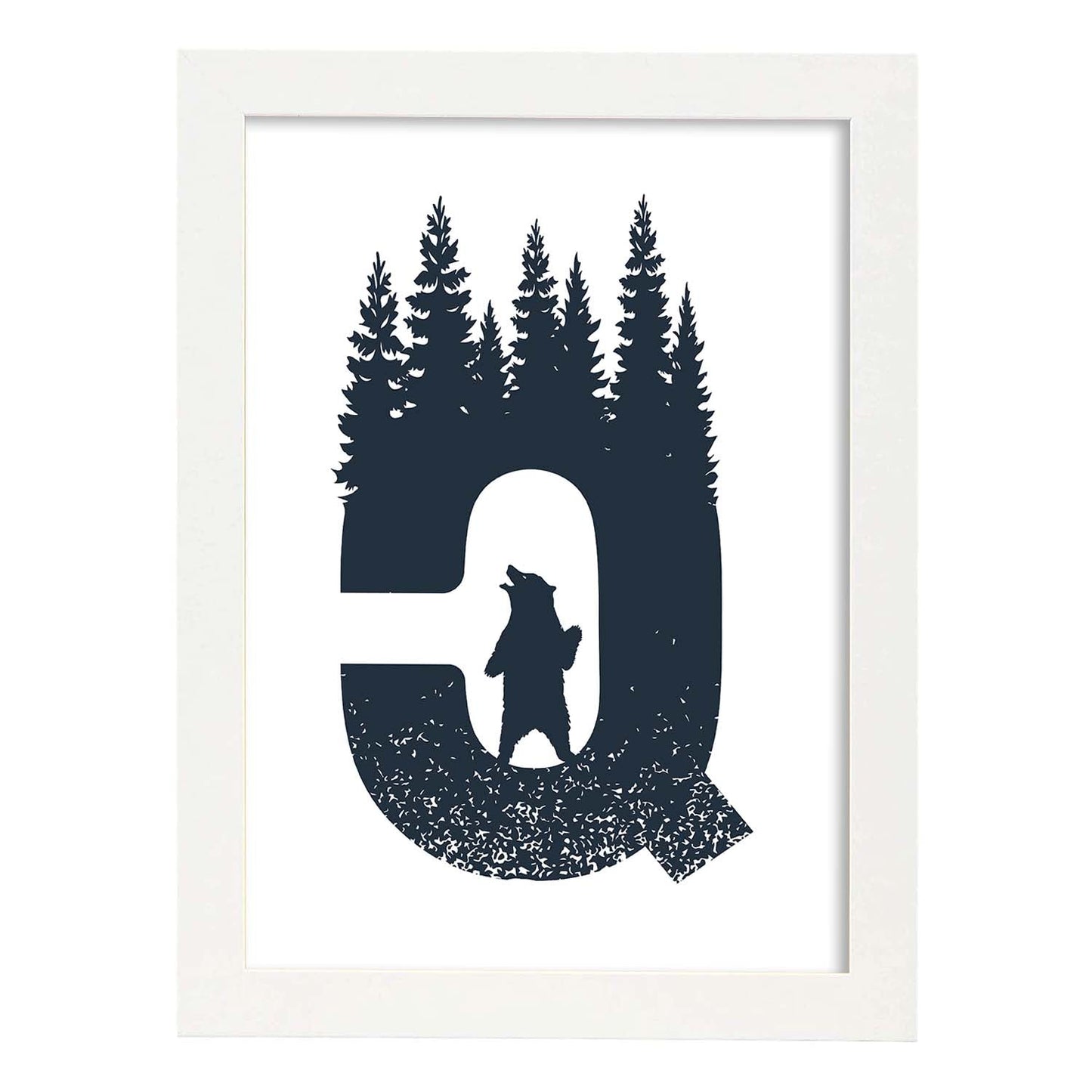 Letra Q con bosque, oso y montañas. Naturaleza.Posters de letras con diseño.-Artwork-Nacnic-A3-Marco Blanco-Nacnic Estudio SL